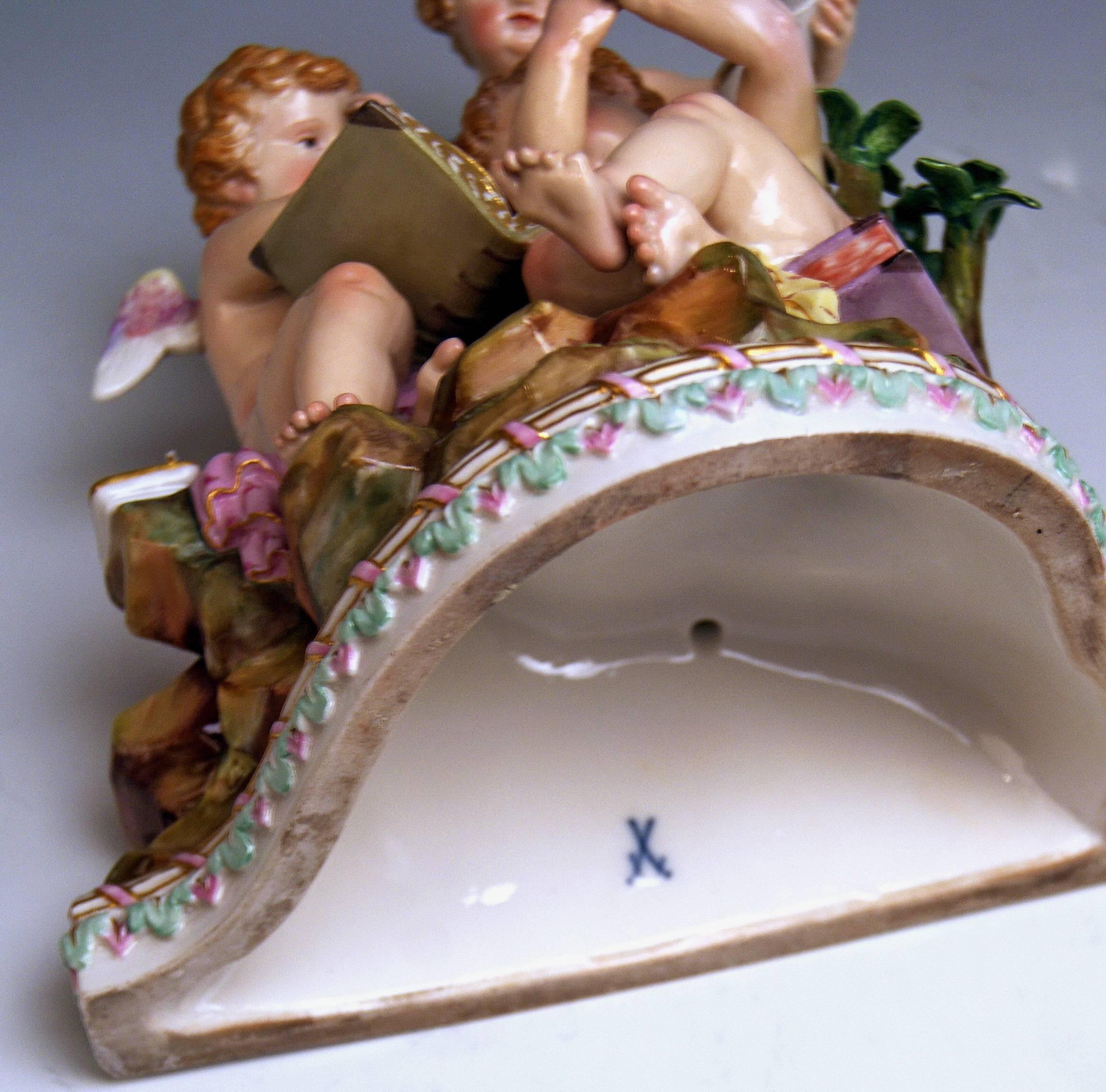 Painted Meissen Figurines Cherubs Allegory of Arithmetic Model 12 by Acier, circa 1860 For Sale