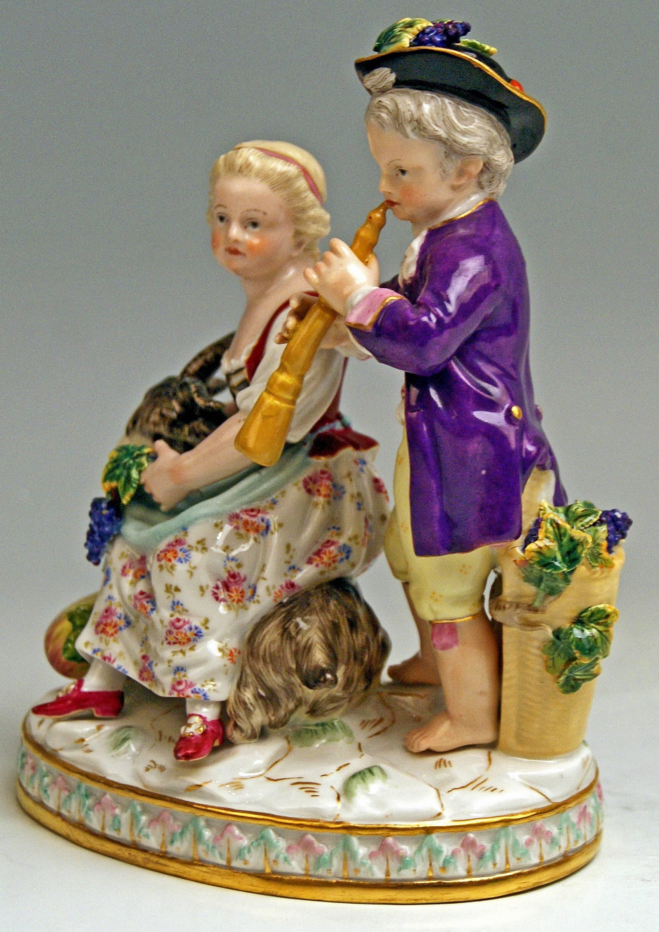 Meissen most lovely figurines group: Allegory of Fall / Autumn. 
Model G 93

Designer: 
Johann Carl Schoenheit (1730-1805).
Schoenheit started his career at Meissen Manufactory when he was eleven years old: He received first education as