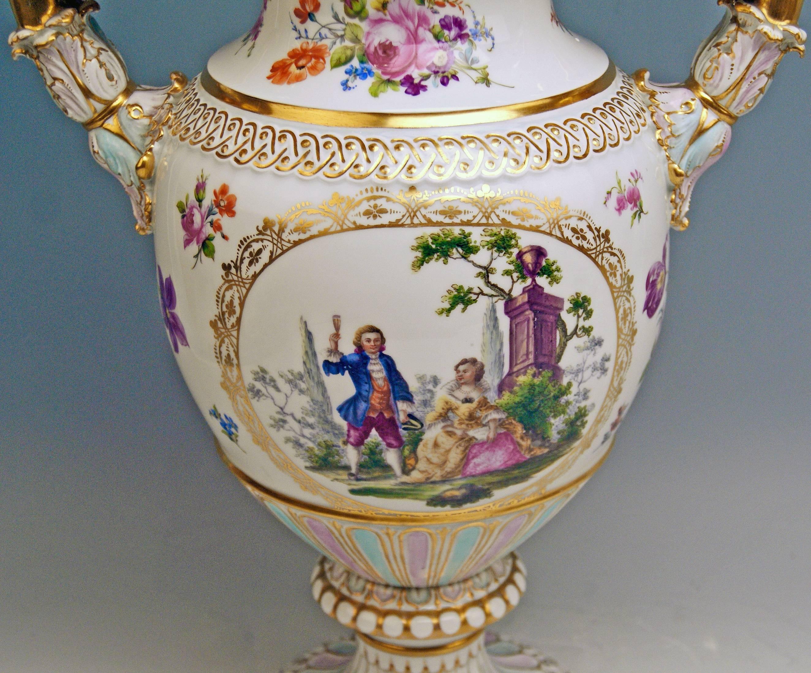 Porcelain Meissen Snake Handles Vase Painted by Leuteritz, circa 1870