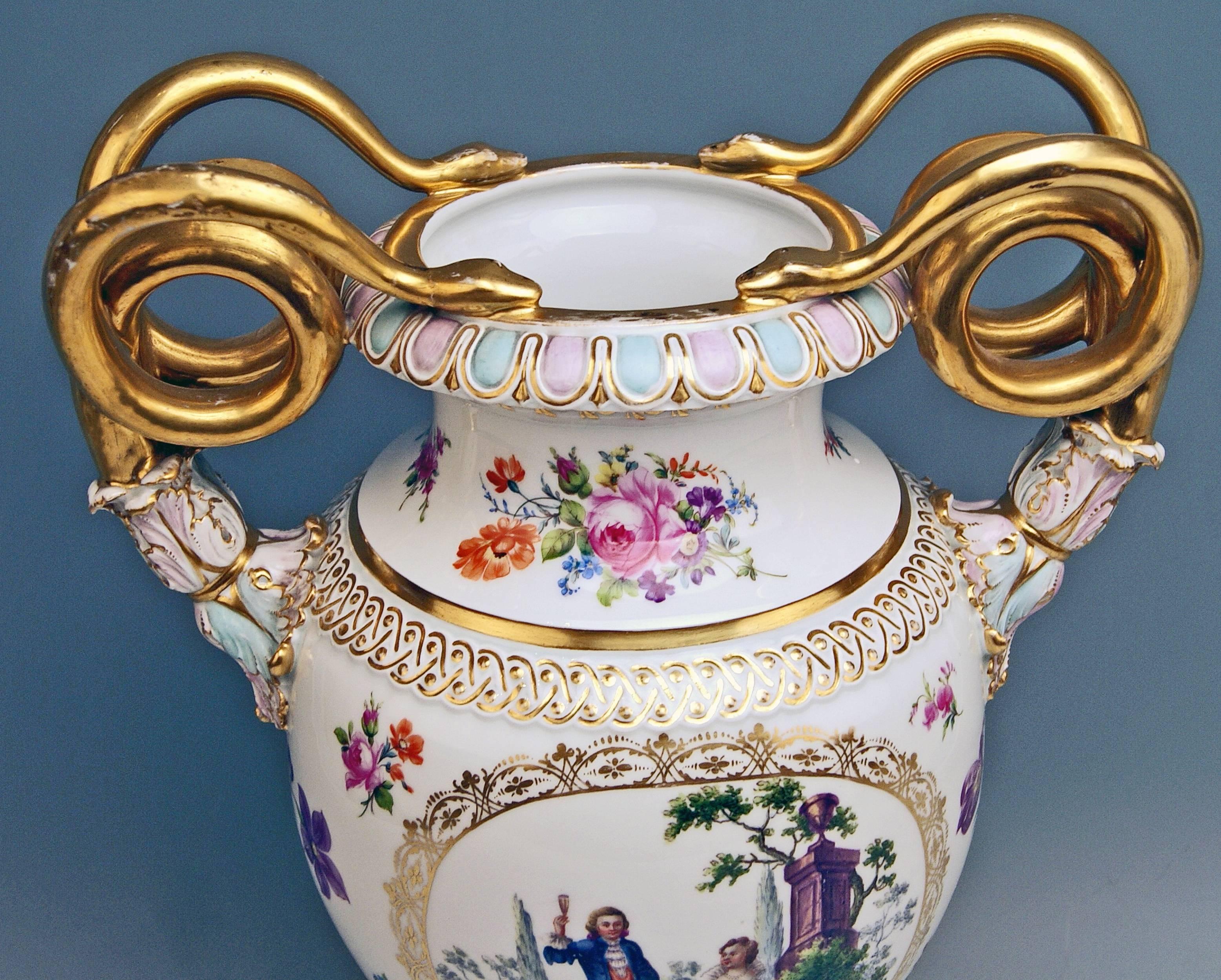 German Meissen Snake Handles Vase Painted by Leuteritz, circa 1870