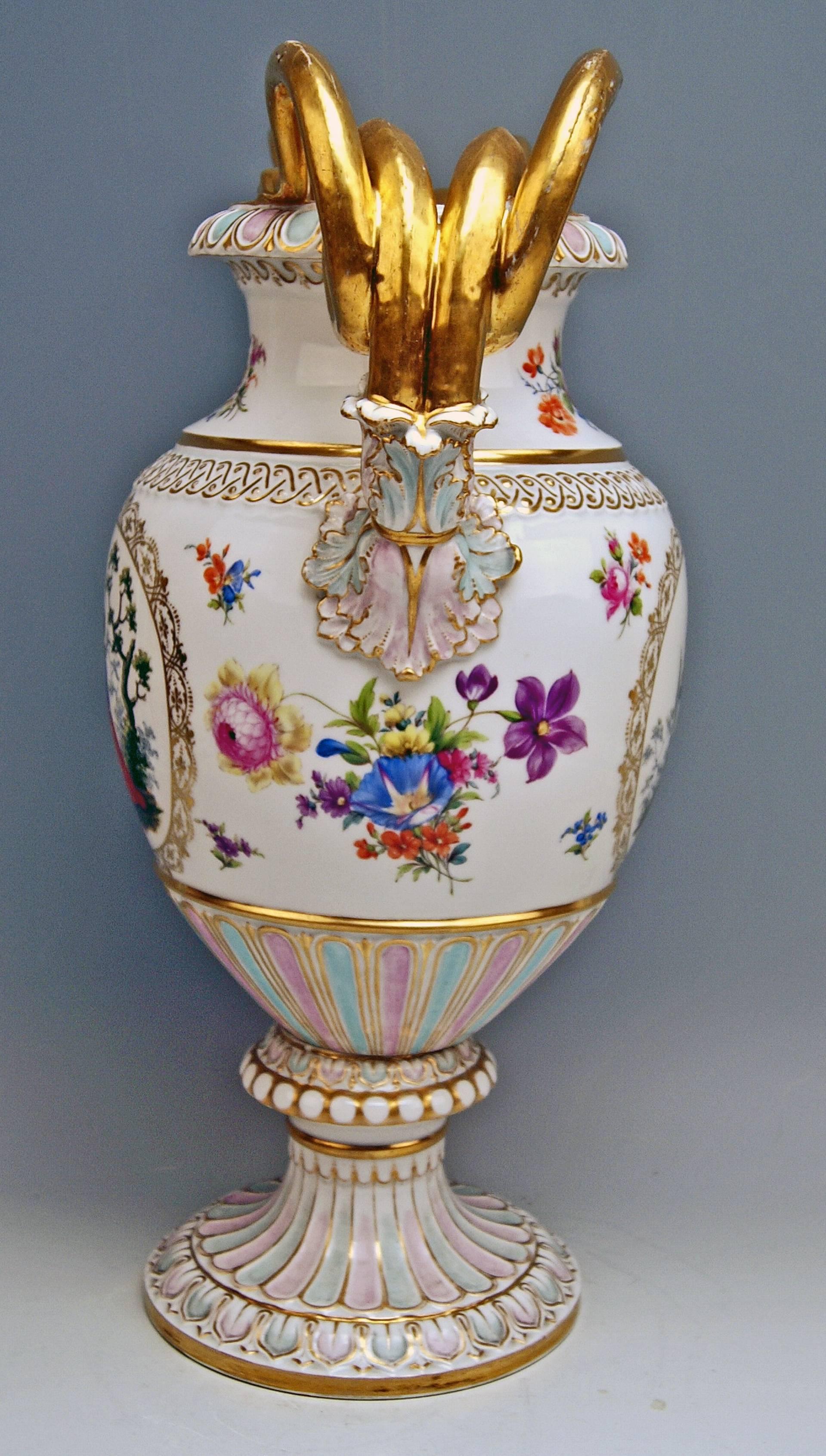 Empire Revival Meissen Snake Handles Vase Painted by Leuteritz, circa 1870