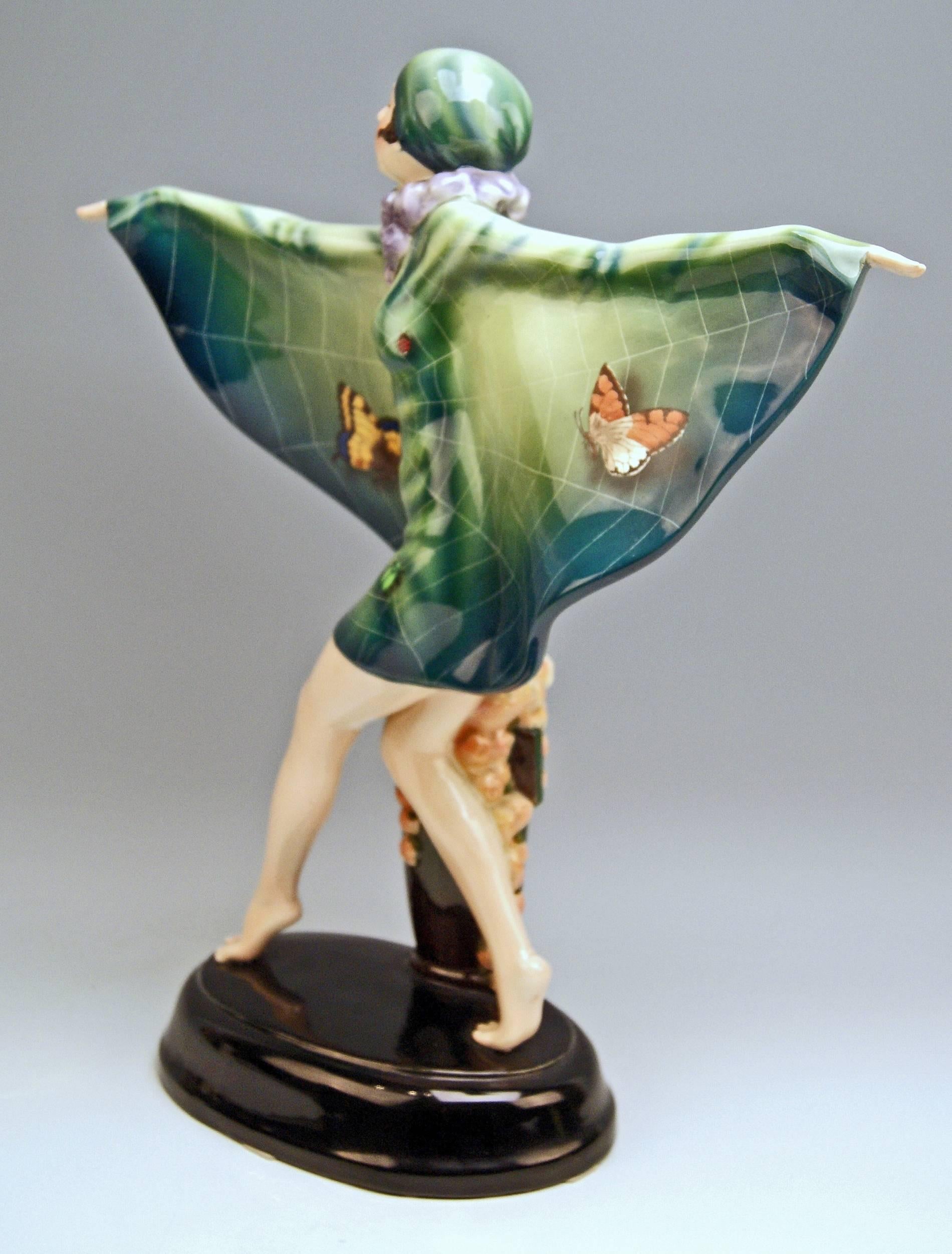 Goldscheider Vienna gorgeous dancing lady figurine: The Captured Bird

Designed by Josef Lorenzl (1892-1950) / one of the most important designers having been active for Goldscheider manufactory in period of 1920-1940 / designed 1922 (quite