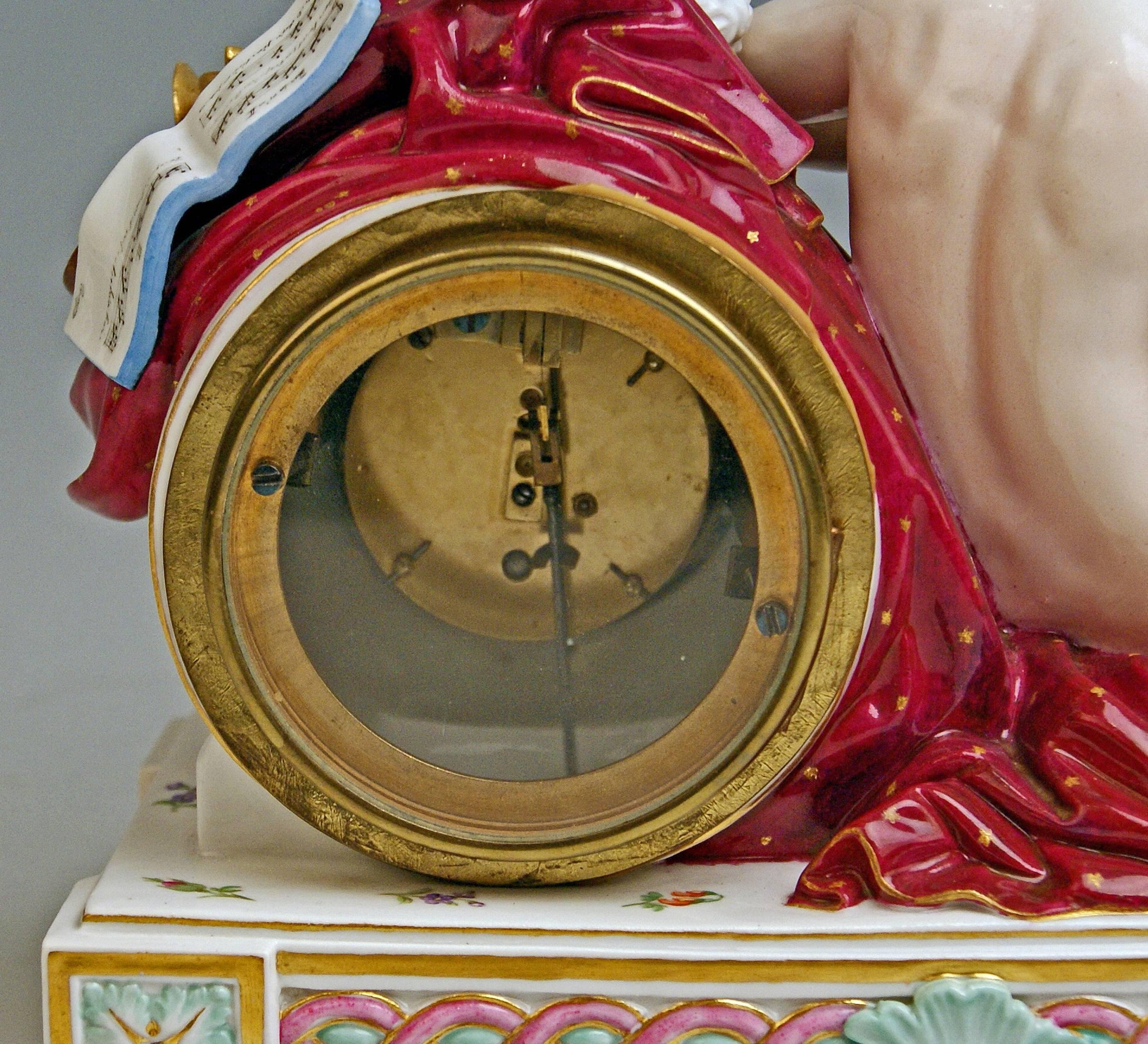 German Meissen Mantel Table Clock Cherub The Fine Arts by Michel V. Acier, circa 1860