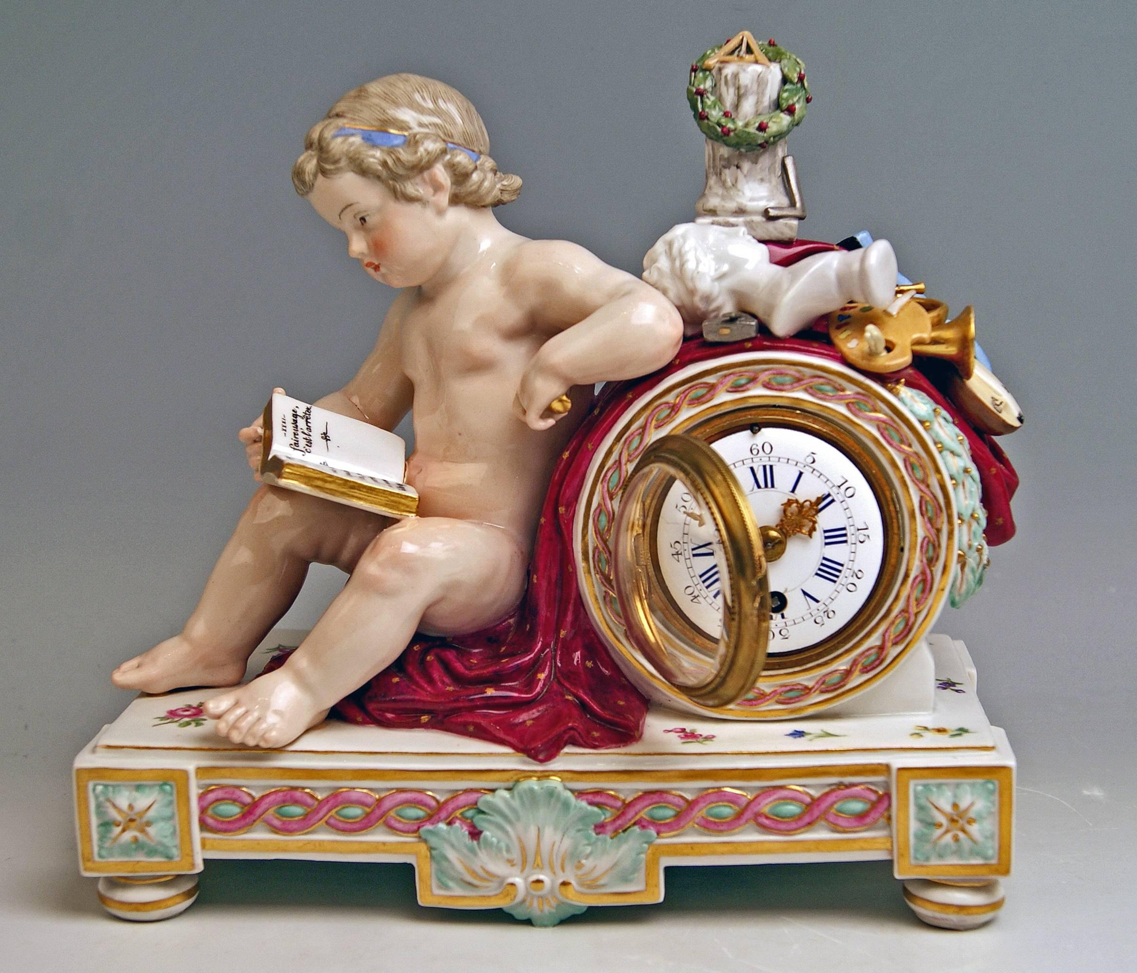 Painted Meissen Mantel Table Clock Cherub The Fine Arts by Michel V. Acier, circa 1860