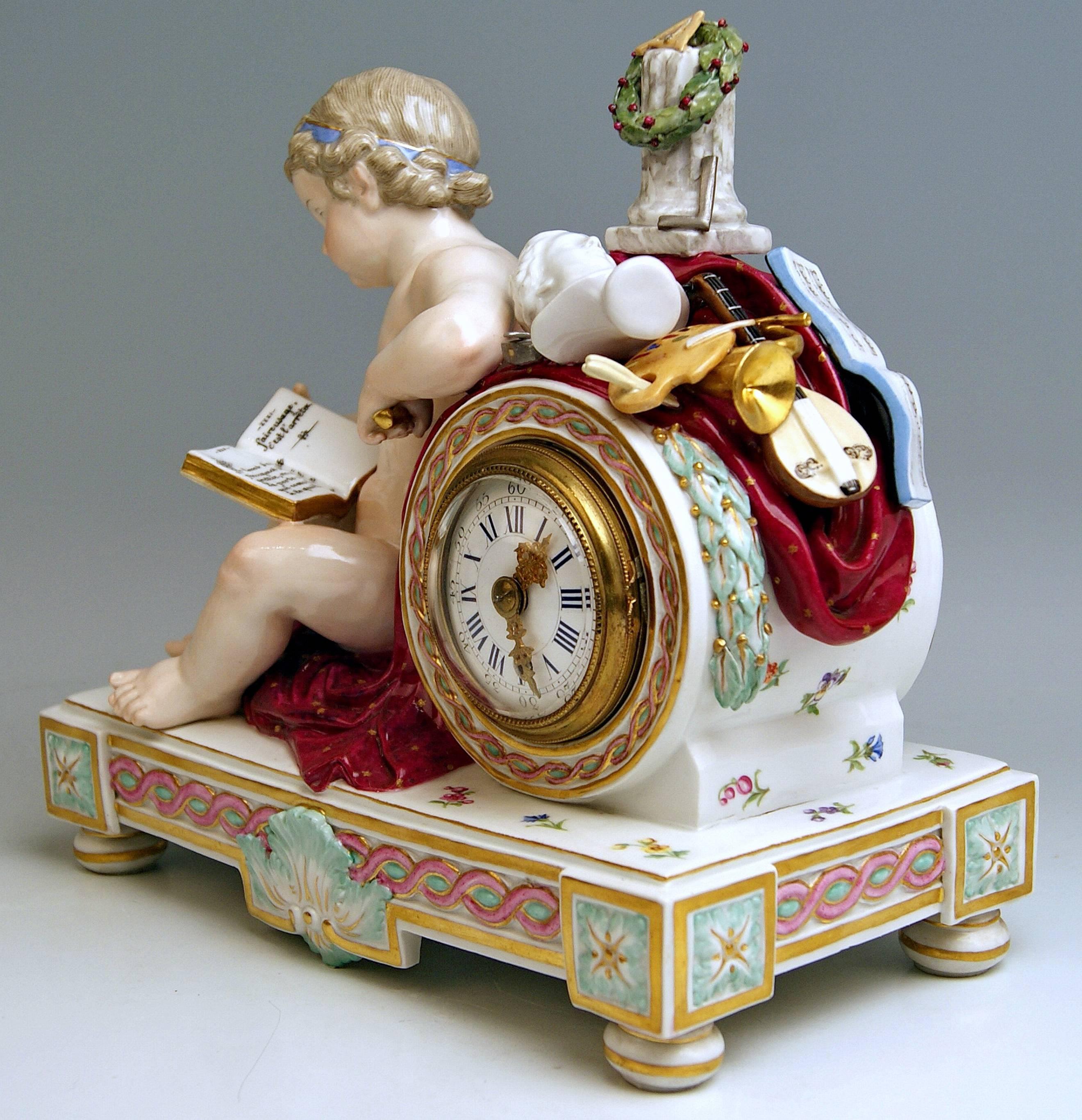 Meissen Gorgeous Mantel / Table Clock, abundantly decorated with Sculptured Figurine (= Cherub)  and  Symbols of Fine Arts.

Manufactory: Meissen
Hallmarked:  Blue Meissen Sword Mark with Pommels on Hilts
Model Number D 78
Former's Number 88 /
