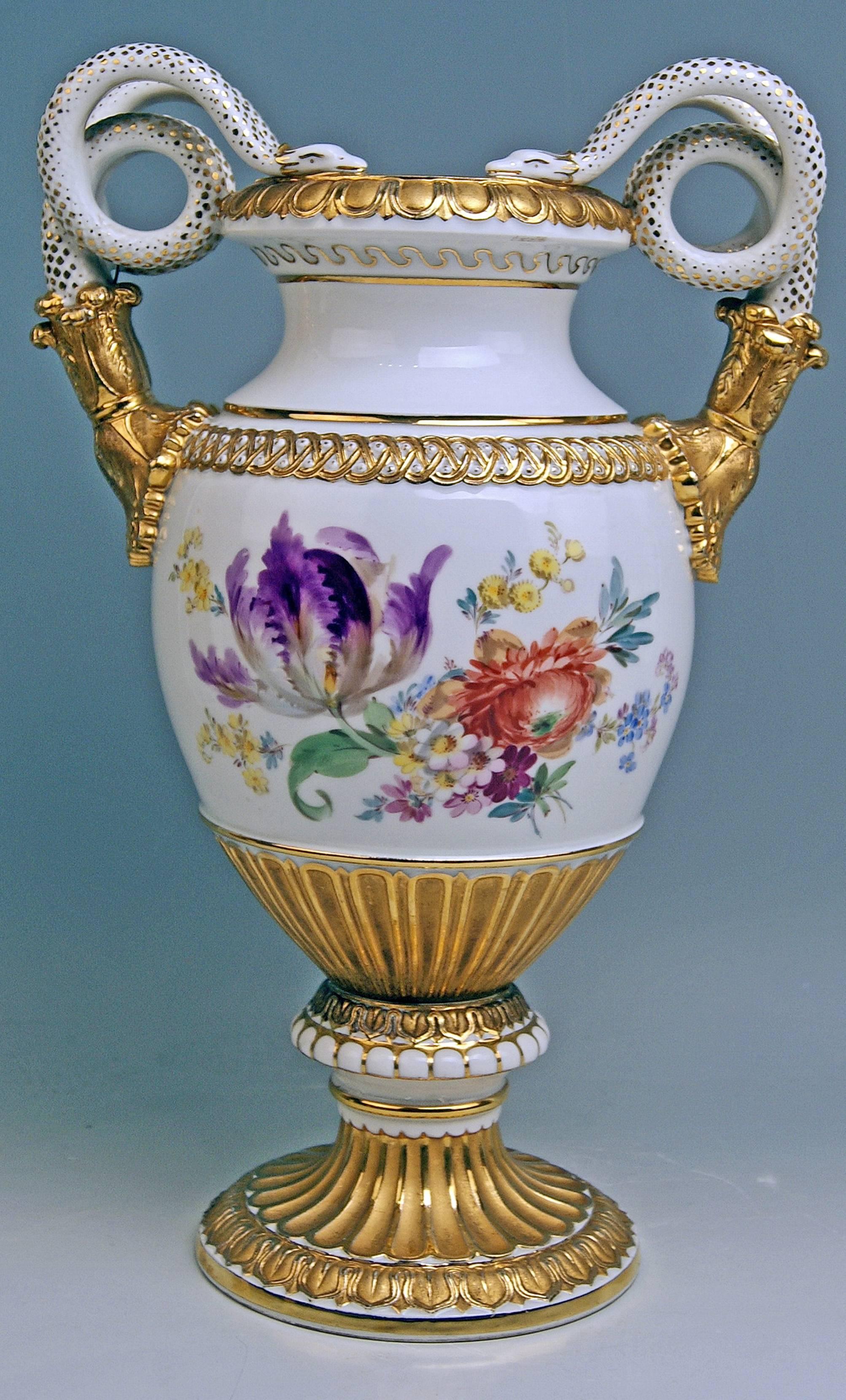 Meissen nicest snake handles vase, designed by Leuteritz
Please note: Abundantly painted with flowers!

Manufactory: Meissen 
Dating: made during 19th century (circa 1870)
Hallmarked: Meissen Mark with Pommels on Hilts (19th century)
First