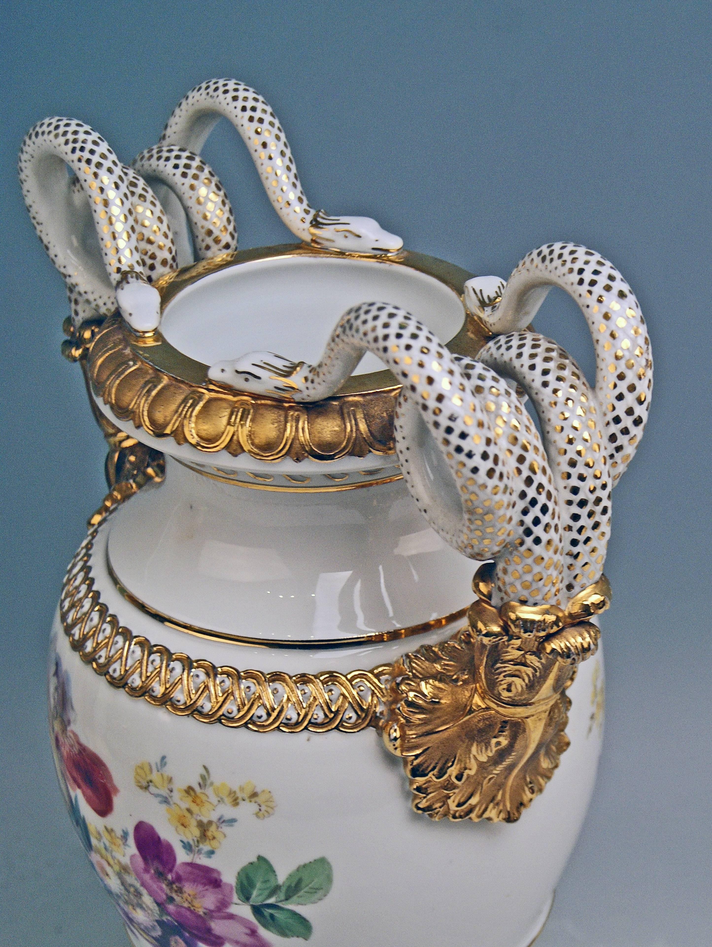 Glazed Meissen Snake Handles Vase Painted by Leuteritz, circa 1870