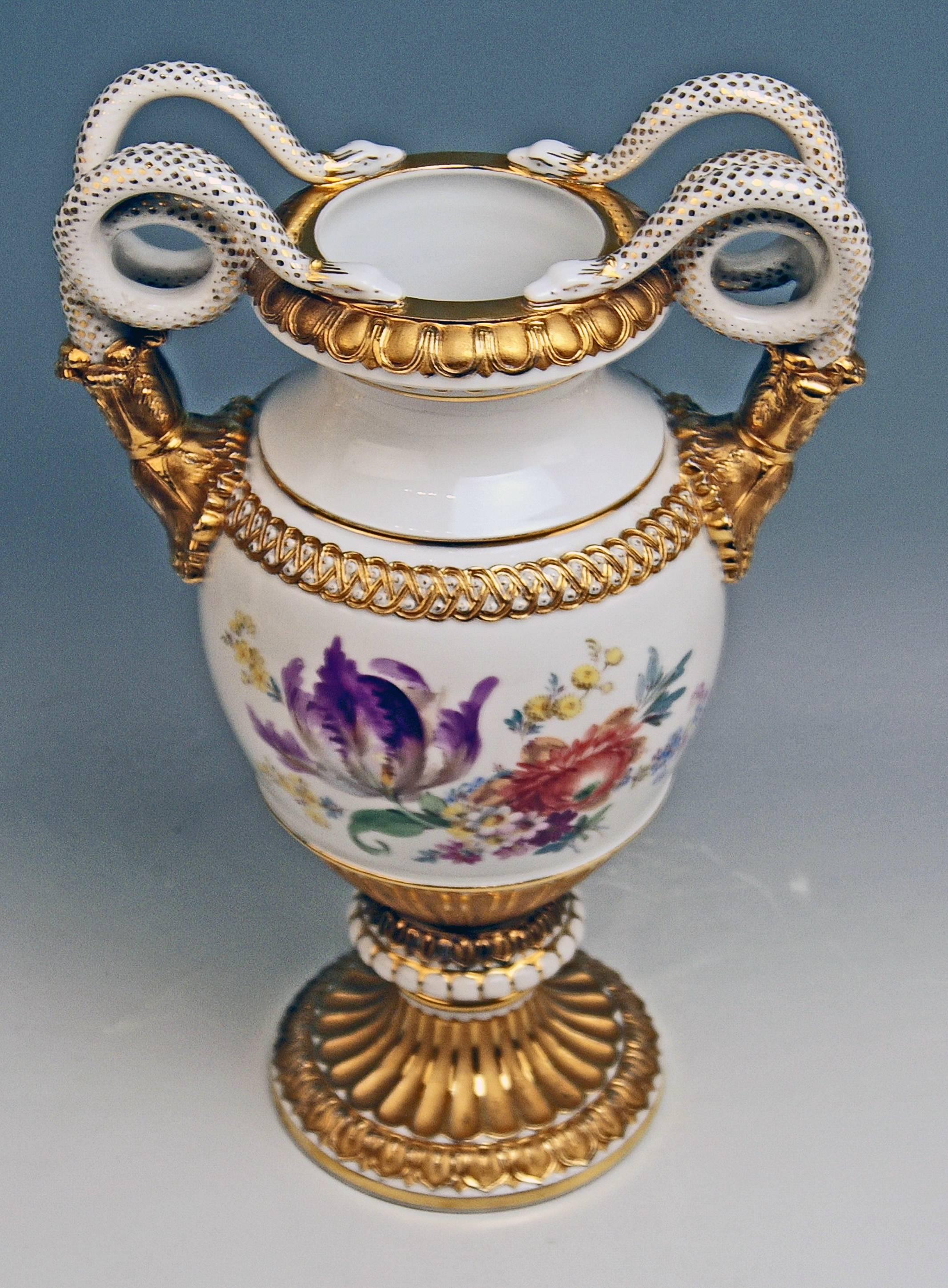 Neoclassical Meissen Snake Handles Vase Painted by Leuteritz, circa 1870