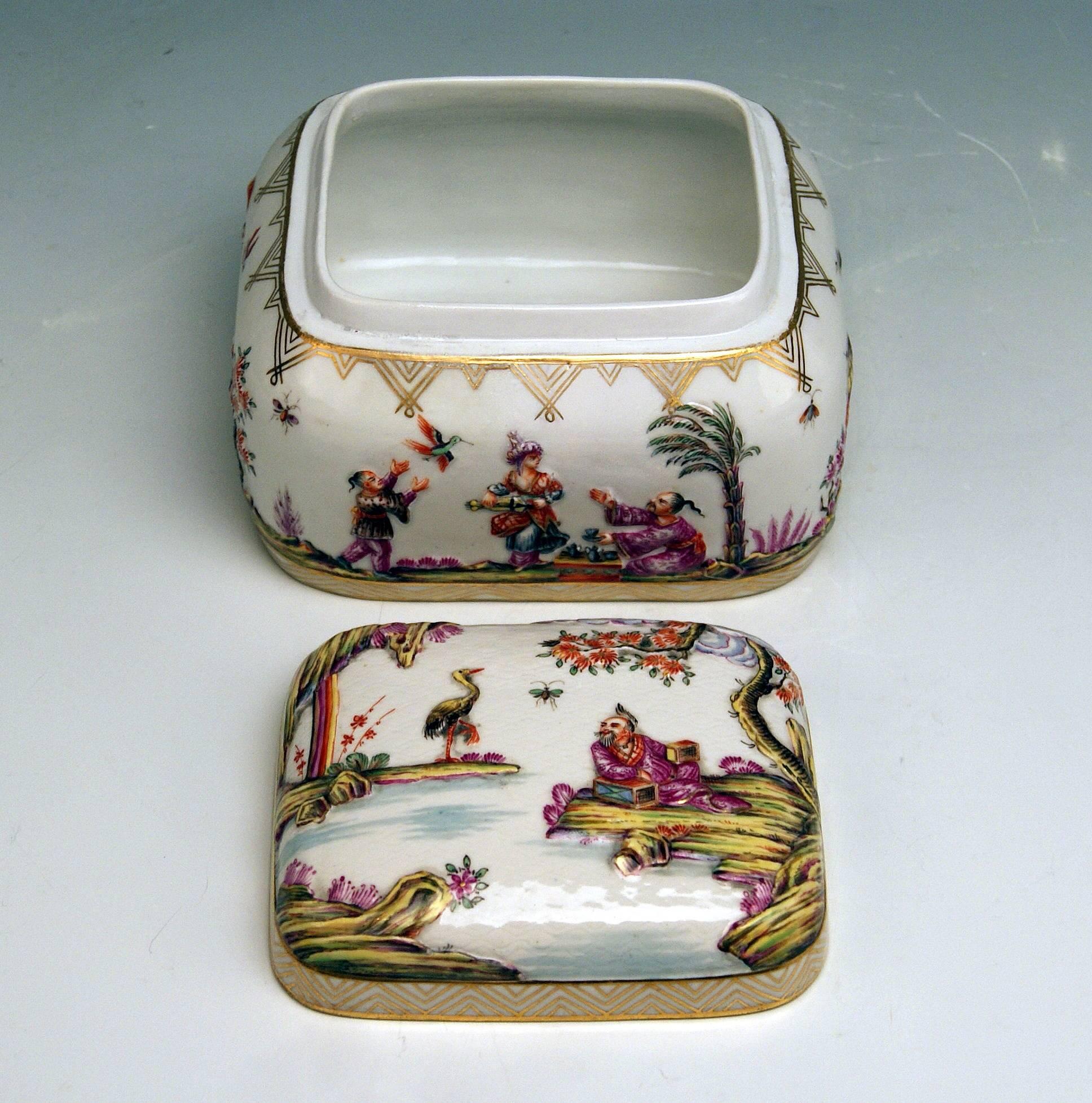 German Meissen Painted Lidded Box Relief Decoration Chinoiseries Made circa 1850