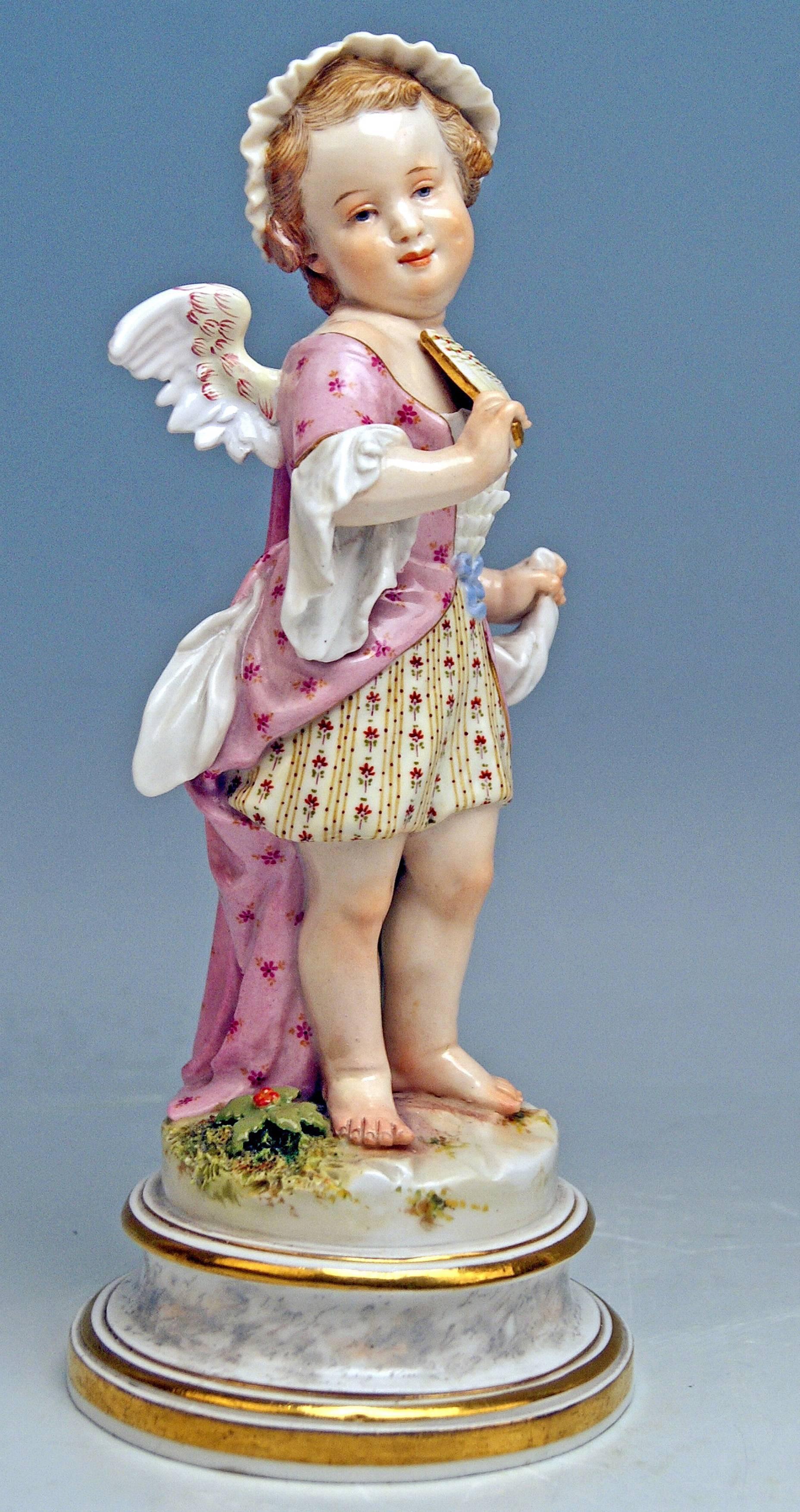Meissen Most Lovely Figurine of Famous L-series: Cherub disguised as female amour wearing a fan ('Coquette')

Measures:
height: 8.66 inches 
diameter of base: 3.74 inches

Manufactory: Meissen
Hallmarked: Blue Meissen Sword Mark (glazed