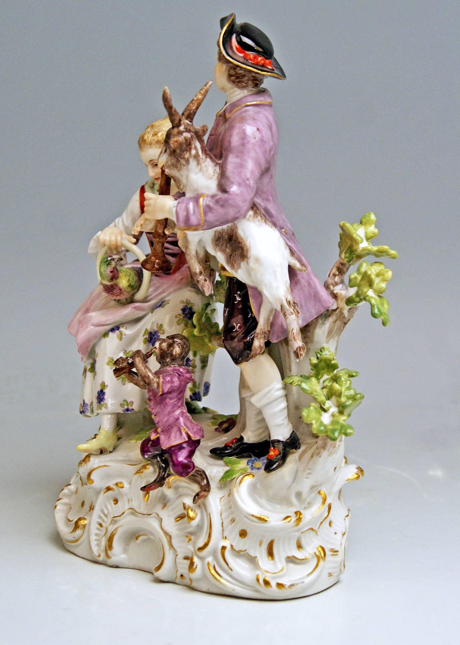 Meissen Figurine group: Allegory of hearing (deriving from a series of five senses)

Manufactory: Meissen
Hallmarked: Blue Meissen Sword Mark with Pommels on Hilts
Model Number 2974
Former's Number 132
Painter's Number 48
First