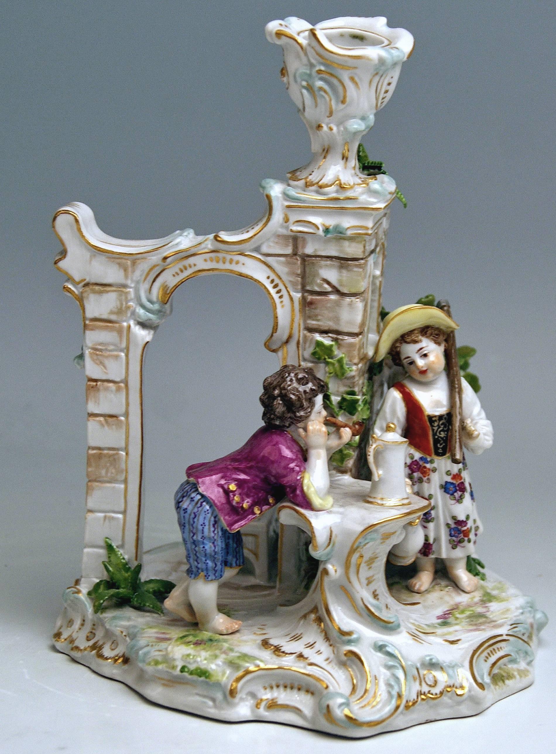 Rococo Meissen Candlestick with Figurines Gardener Children Model R 185, circa 1870 For Sale