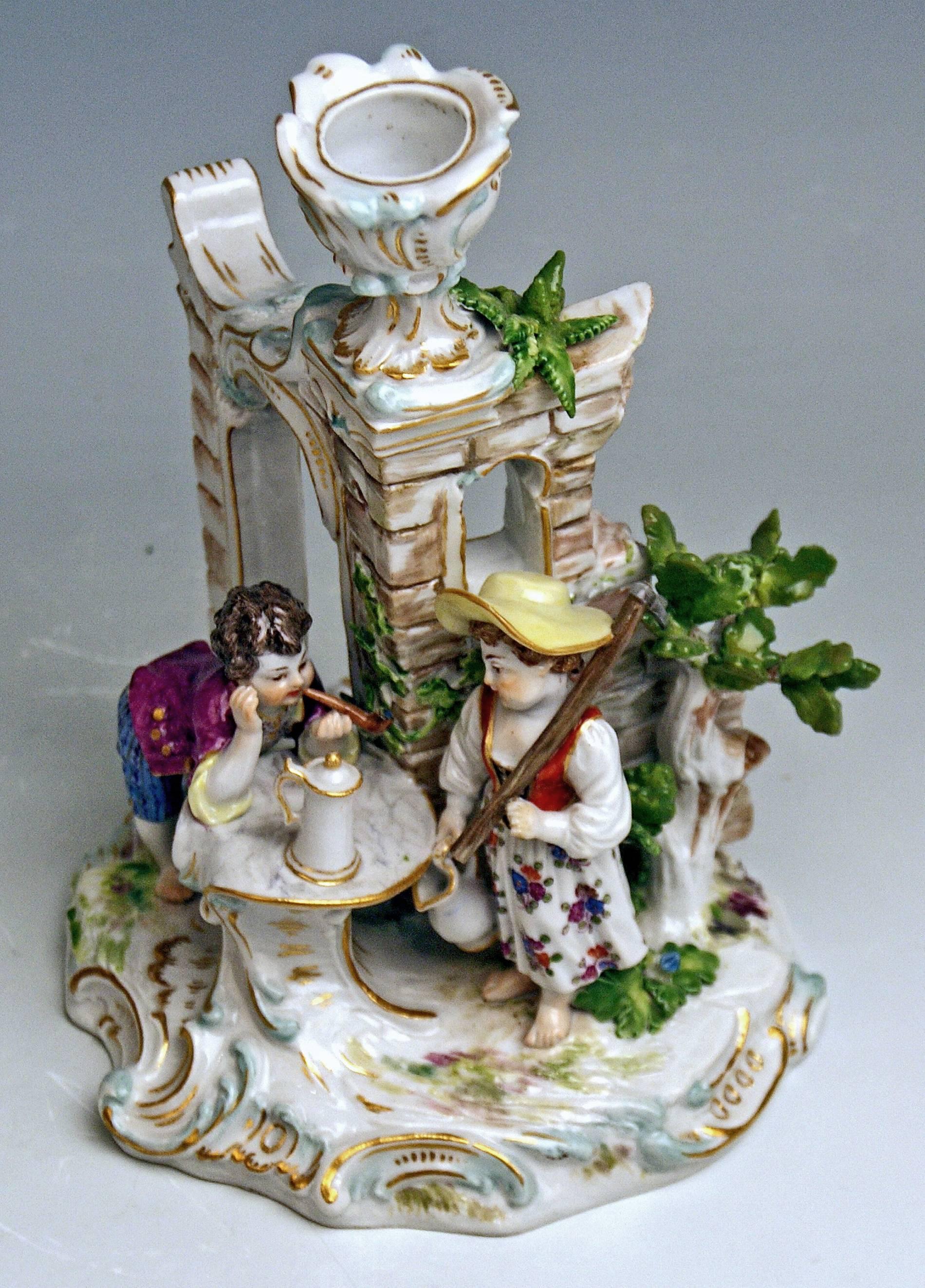 German Meissen Candlestick with Figurines Gardener Children Model R 185, circa 1870 For Sale