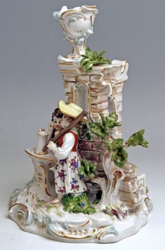 Meissen Candlestick with Figurines Gardener Children Model R 185, circa 1870