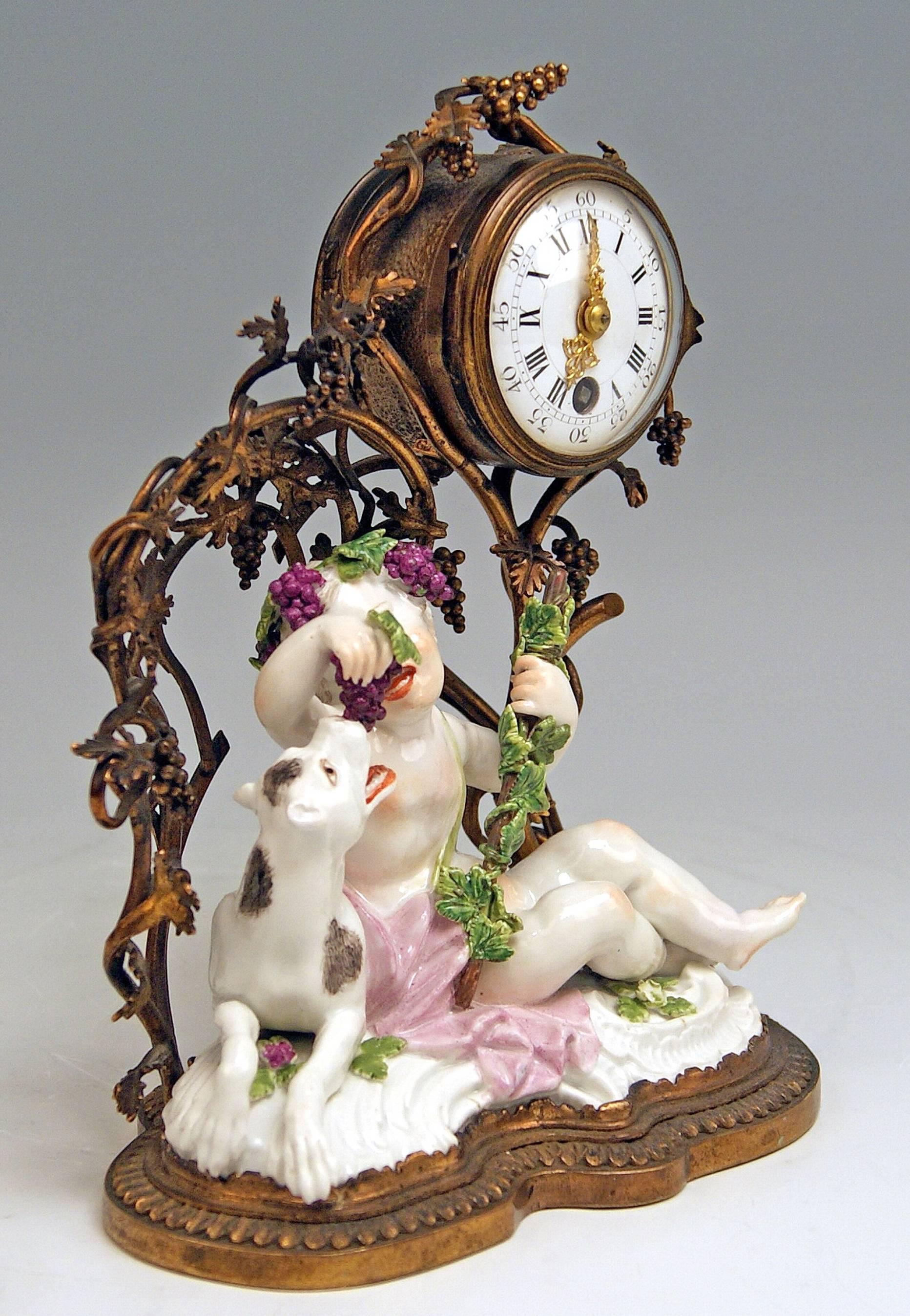 German Meissen Mantel Table Clock Bronze Porcelain Autumn Fall Kaendler, circa 1745 For Sale