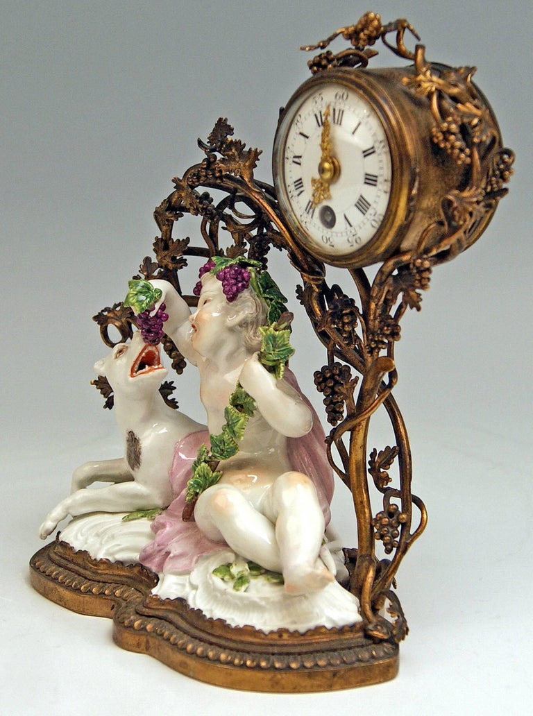 Rococo Meissen Mantel Table Clock Bronze Porcelain Autumn Fall Kaendler, circa 1745 For Sale