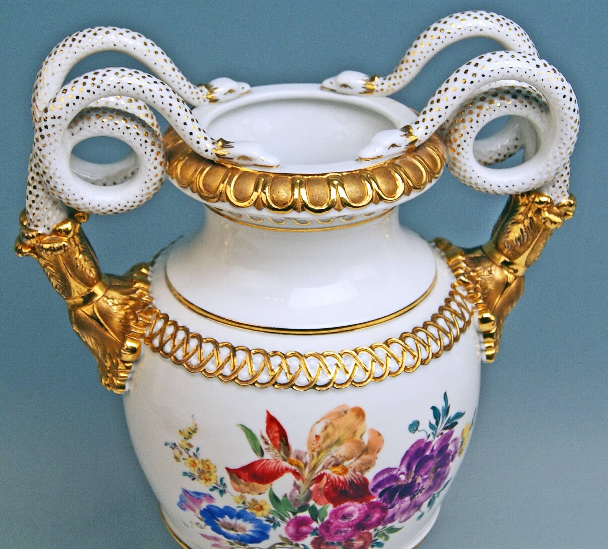 German Meissen Snake Handles Vase Painted Leuteritz Made 1924-1934