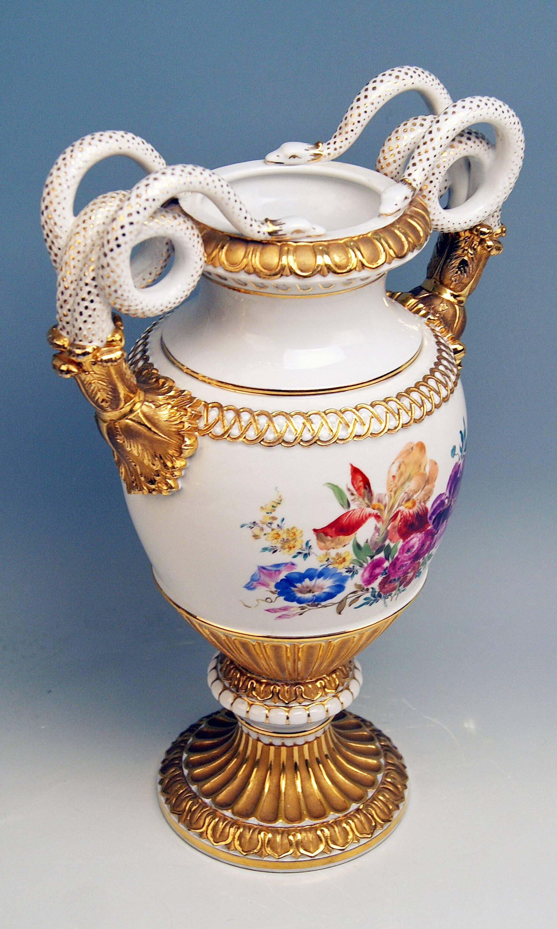 Neoclassical Meissen Snake Handles Vase Painted Leuteritz Made 1924-1934