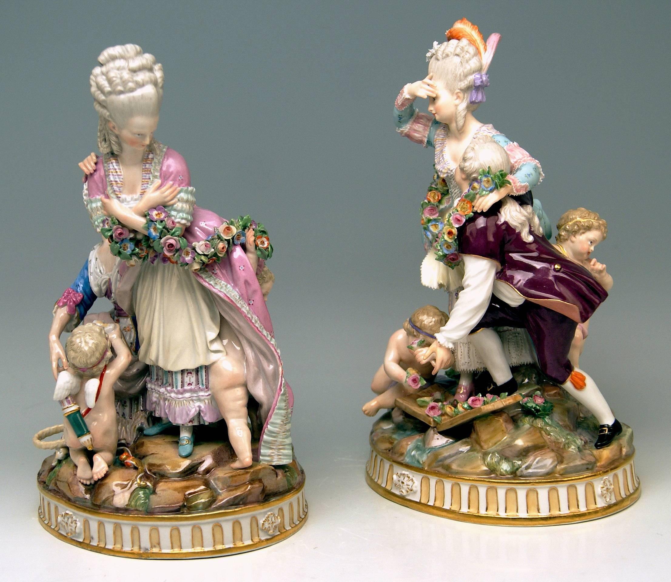 MEISSEN PAIR OF GORGEOUS FIGURINES OF FINEST QUALITY:  
- THE BROKEN EGGS
- THE BROKEN BRIDGE

MANUFACTORY:  MEISSEN
DATING: MIDDLE OF 19TH CENTURY, MADE CIRCA 1860 - 70
MARKS:
BLUE MEISSEN SWORD MARK OF 19TH CENTURY (WITH POMMELS ON HILTS) ATTACHED