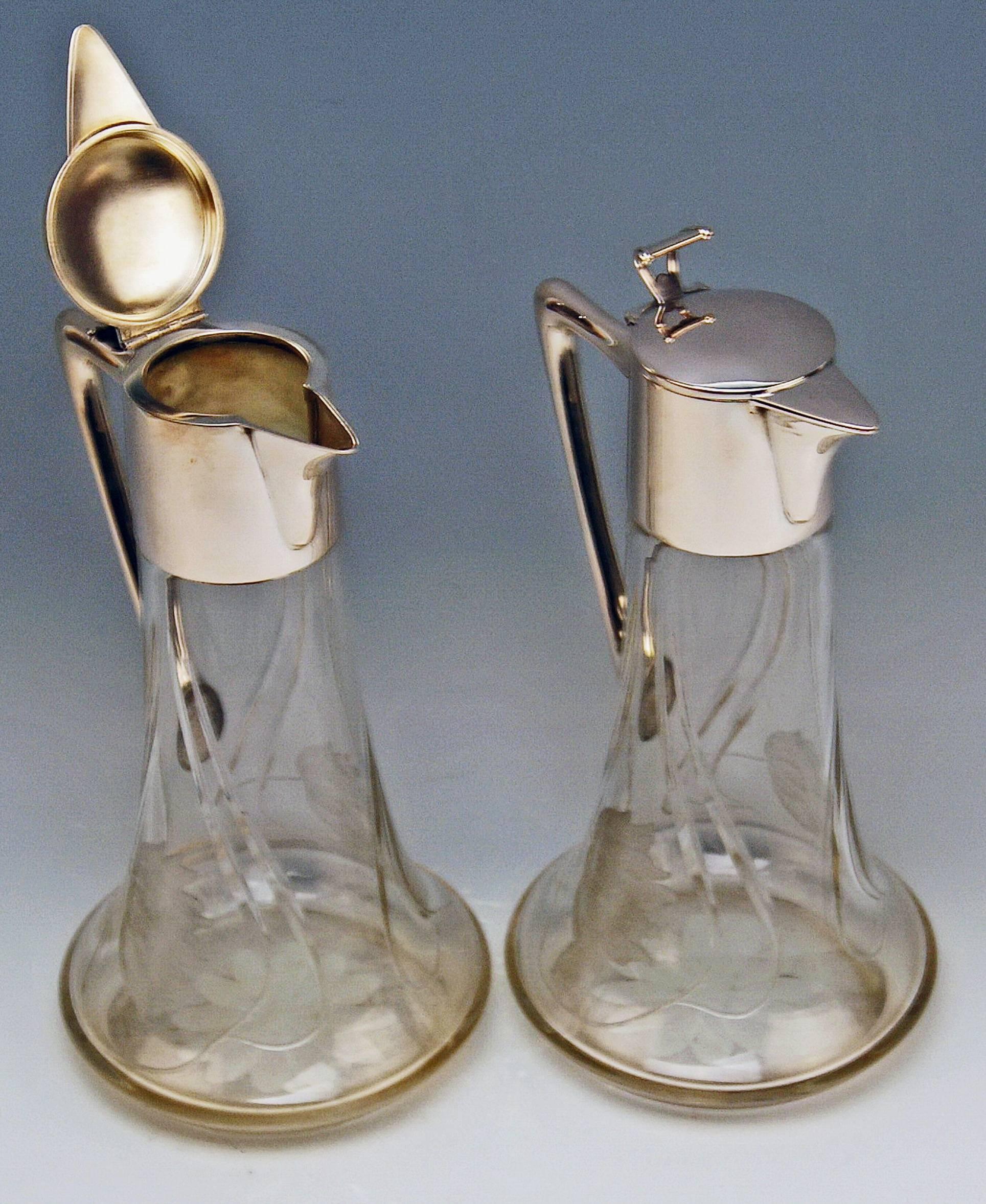  Silver 800 Two Jugs Decanters Glass Art Nouveau Alexander Birkl Vienna, 1900 (Radiert)