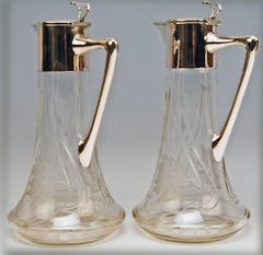 Silver 800 Two Jugs Decanters Glass Art Nouveau Alexander Birkl Vienna, 1900