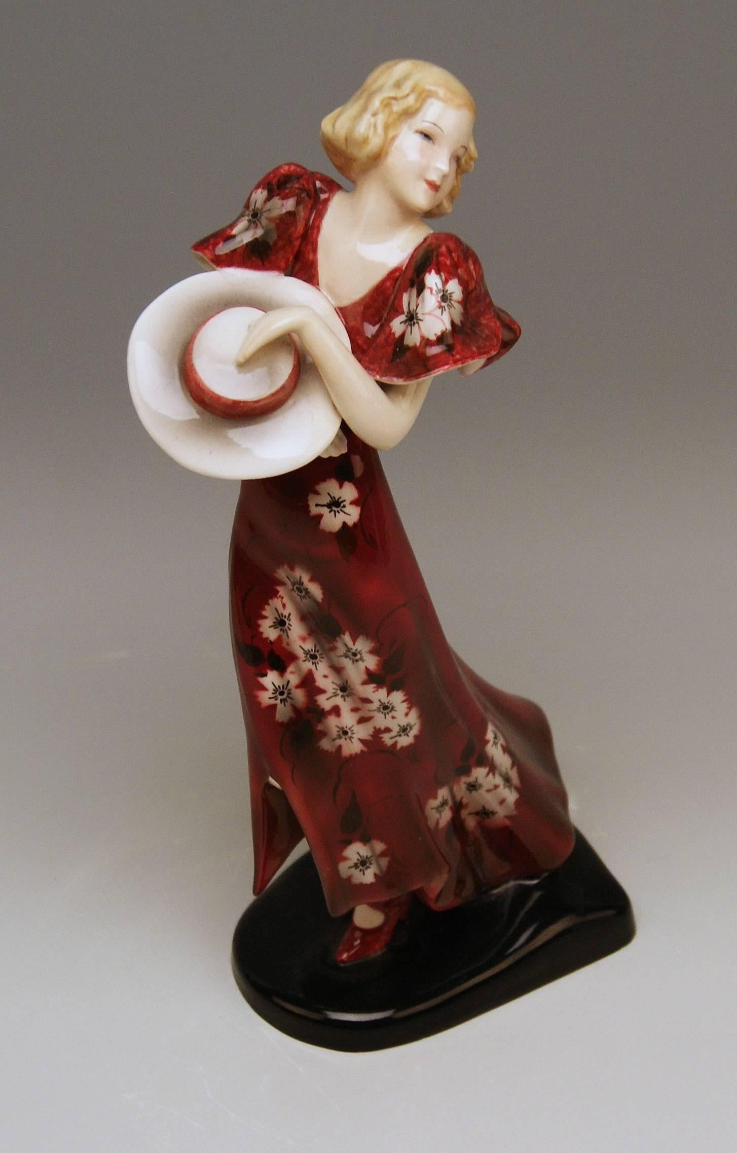 Ceramic Goldscheider Vienna Art Deco Lady Hat Red Dress Stefan Dakon Model 6940
