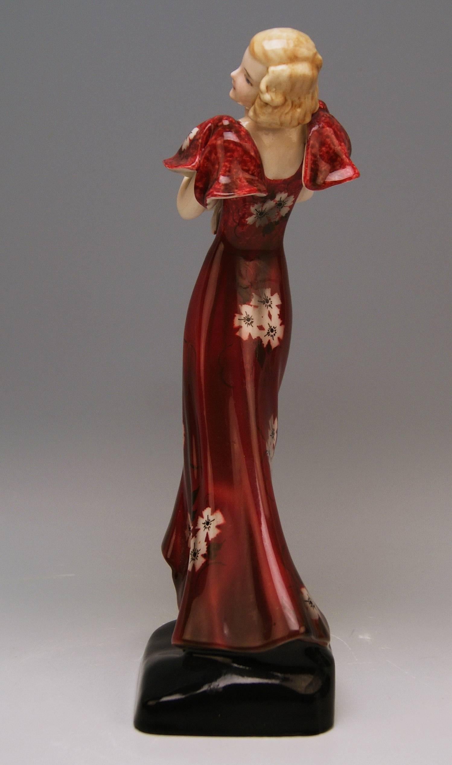 Glazed Goldscheider Vienna Art Deco Lady Hat Red Dress Stefan Dakon Model 6940