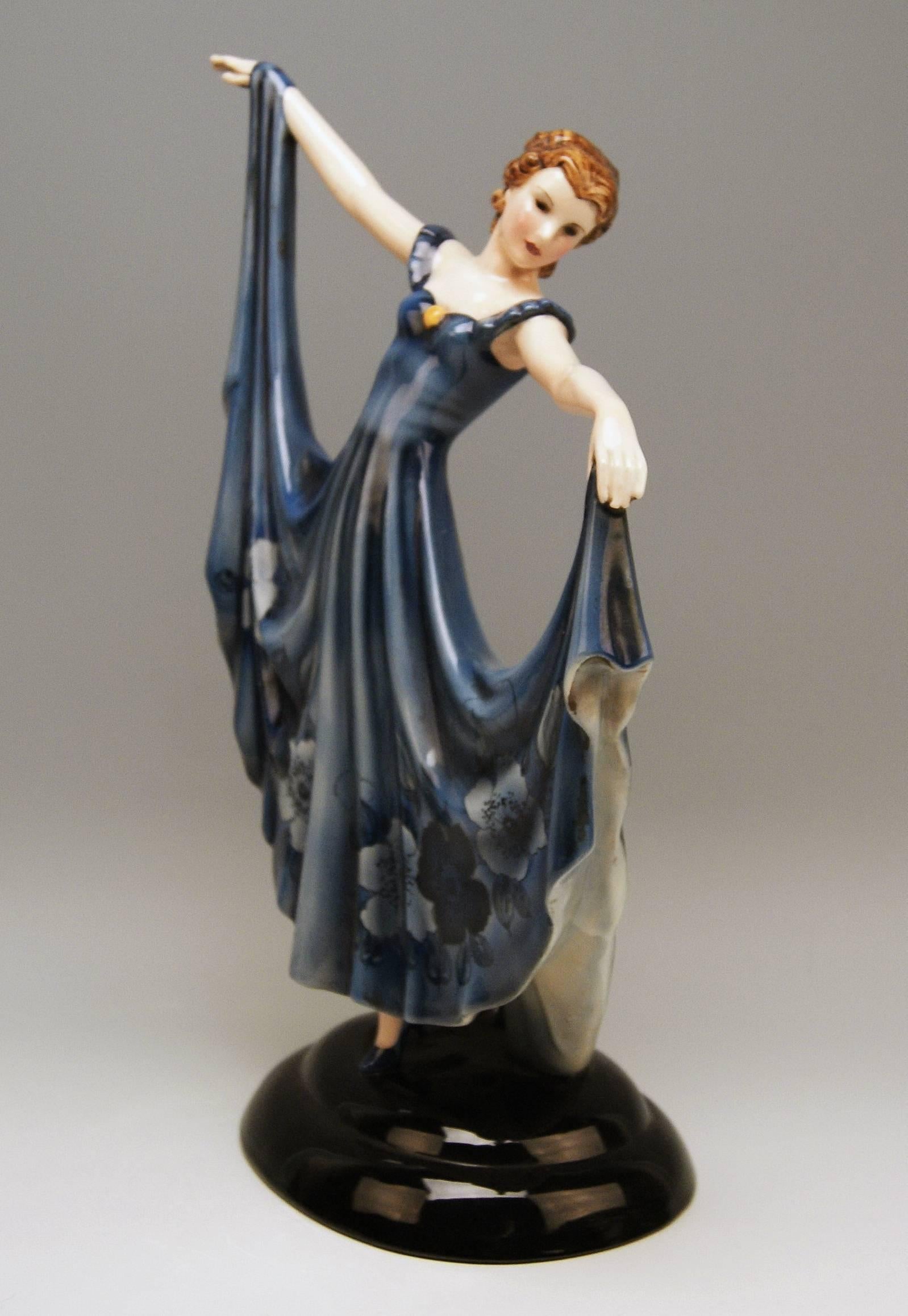 Glazed Keramos Lady Dancer Art Deco Blue Dress Model 2030 by Stefan Dakon