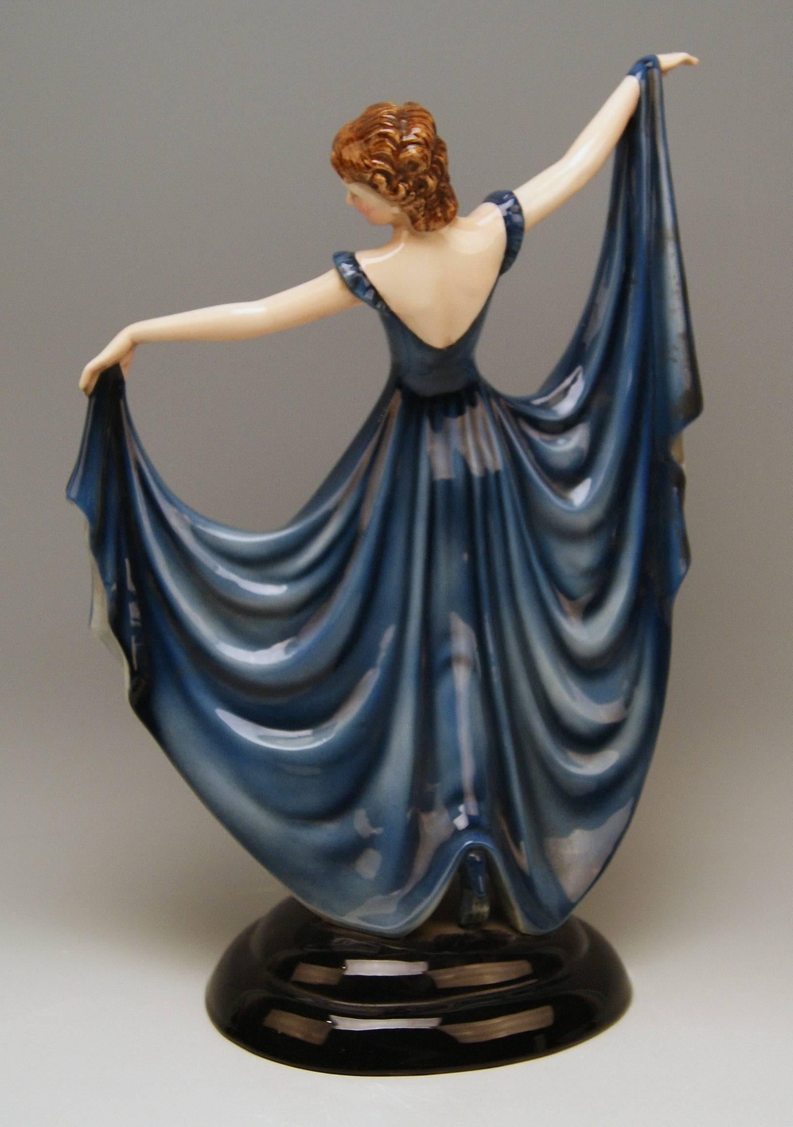 Austrian Keramos Lady Dancer Art Deco Blue Dress Model 2030 by Stefan Dakon