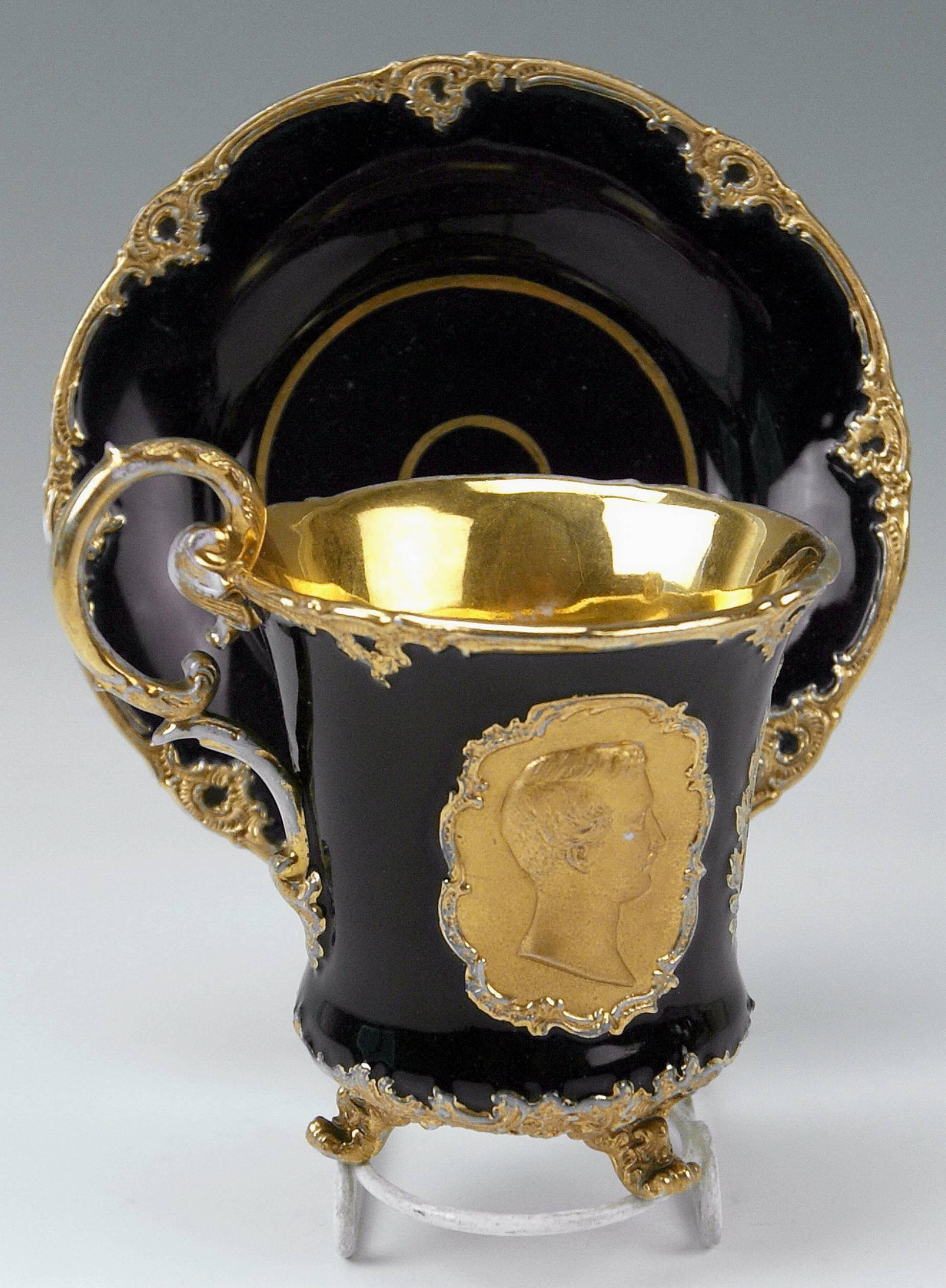 Early Victorian Meissen Cup Saucer Queen Victoria & Husband Albert Vintage, circa 1840-1850