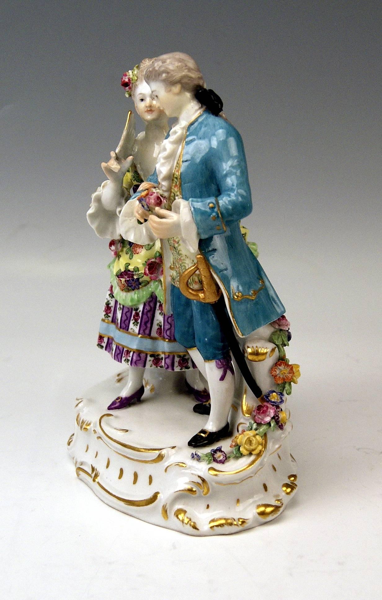 MEISSEN GALLANT PAIR OF FIGURINES DESIGNED BY AUGUST RINGLER (1889/90).
NOBLE LADY ACCOMPANIED BY NOBLEMAN, BOTH CLAD IN FINEST ROCOCO GARMENTS

MANUFACTORY:  MEISSEN 
DATING:   manufactured  circa  1920
MATERIAL: WHITE PORCELAIN, GLOSSY