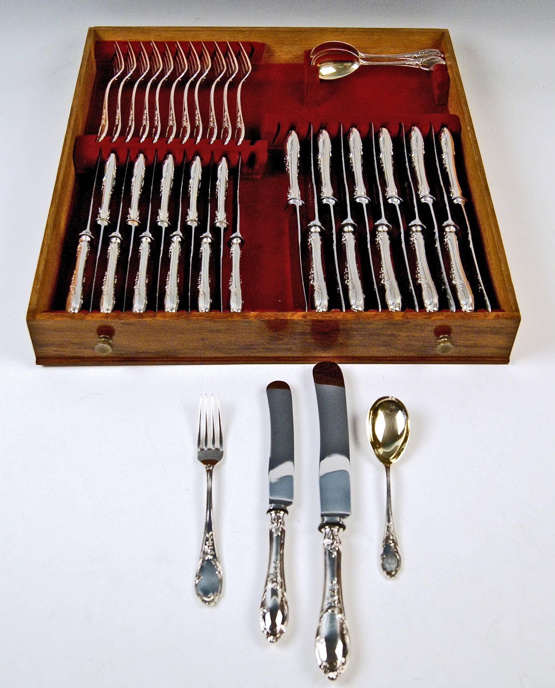 Gorgeous German cutlery service / flatware / dinnerware consisting of 175 pieces. Most elegant design Baroque style  hallmarked by Jeweller Bertsch (Germany).

Chest:
Additionally, this cutlery service is kept in most elegant furniture piece