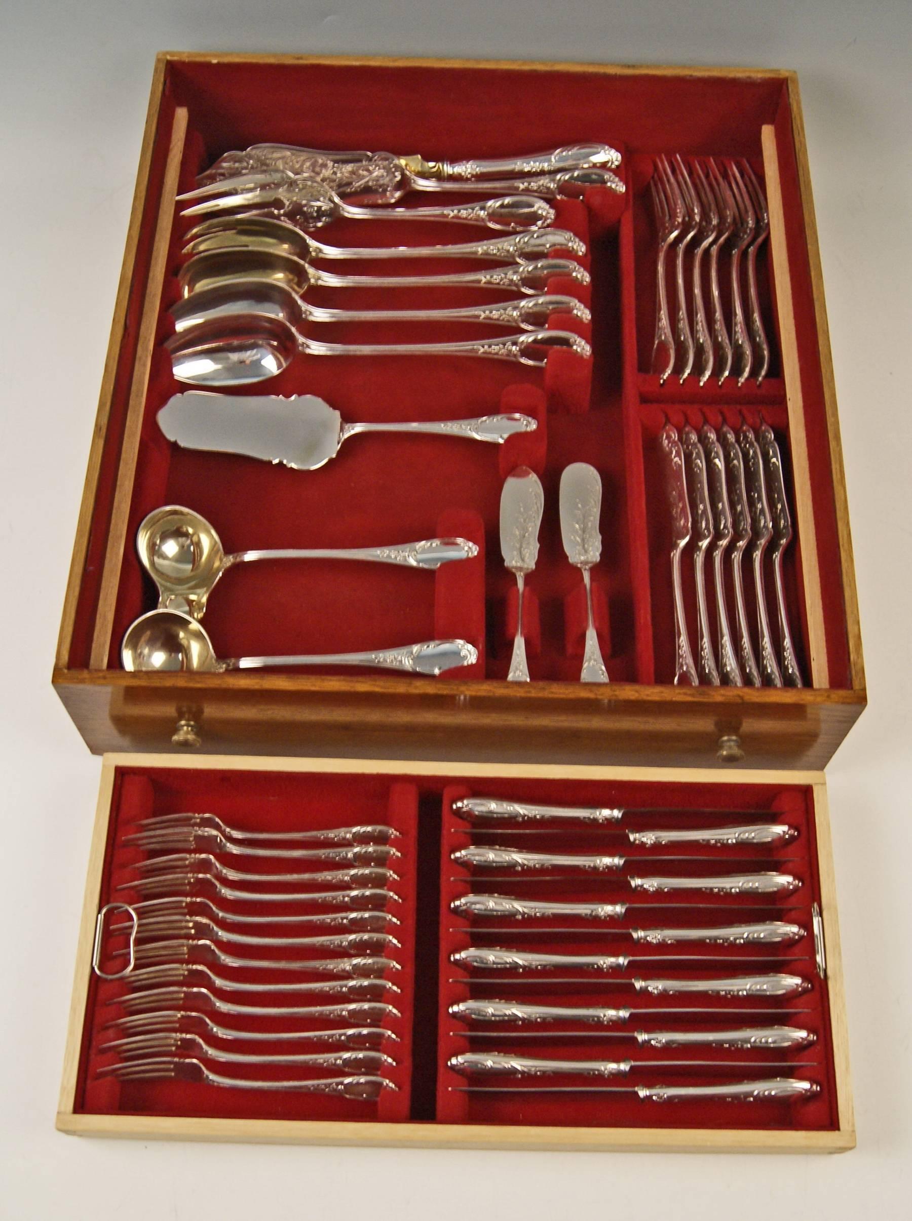 Baroque Silver Flatware Cutlery for 12 Persons Bertsch Germany, circa 1890