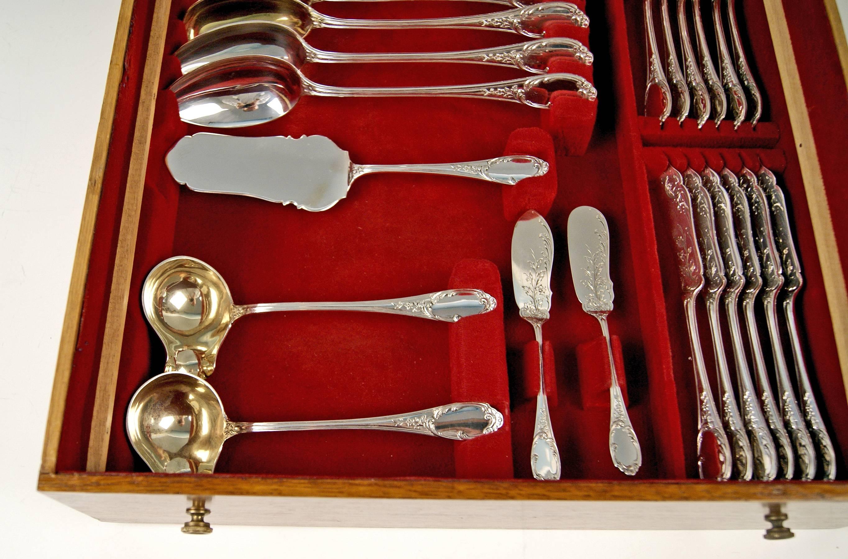 Late 19th Century Silver Flatware Cutlery for 12 Persons Bertsch Germany, circa 1890