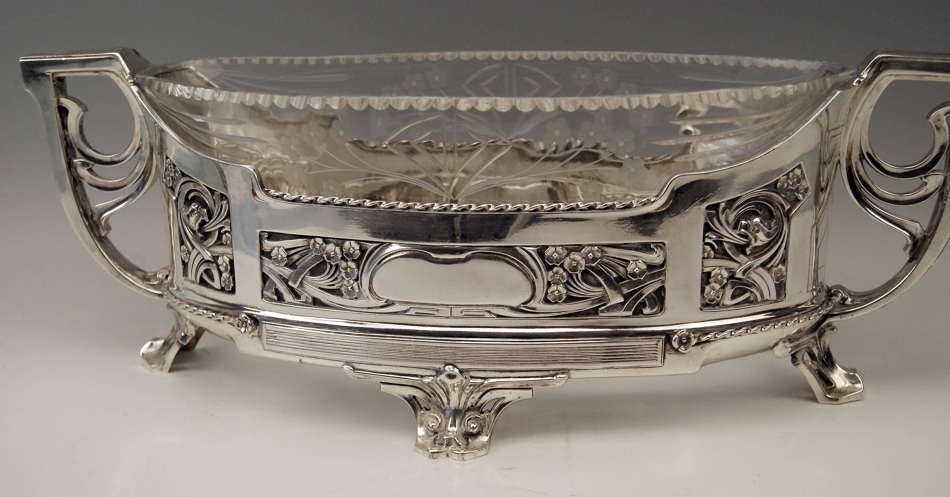 Silver Art Nouveau German Huge Flower Bowl Glass Liner Wilkens & Sons In Excellent Condition In Vienna, AT