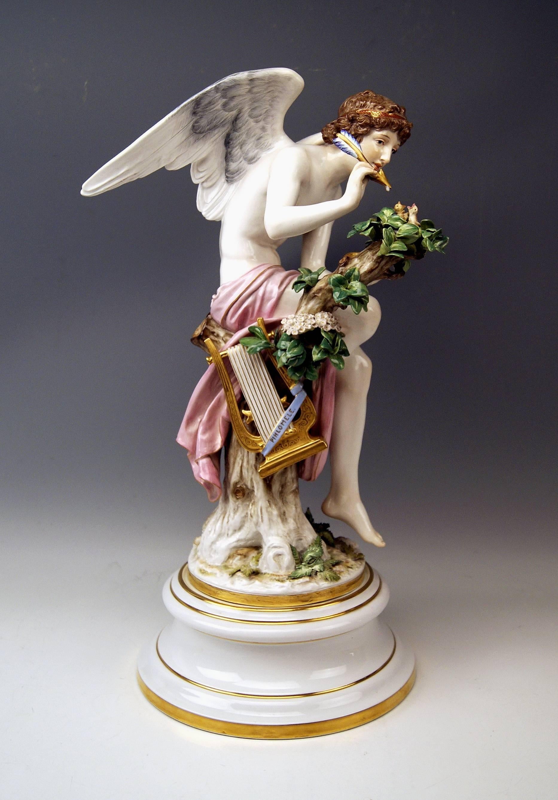 Meissen Tall Art Nouveau Figurine:
AMOR FEEDING NIGHTINGALES WHICH ARE SITUATED IN A BIRD'S NEST, created by Rudolph Hölbe (1848 - 1926),  model made circa 1882-85.

Hallmarked:
Meissen Crossed Sword Mark with Pommels on Hilts  (manufactured