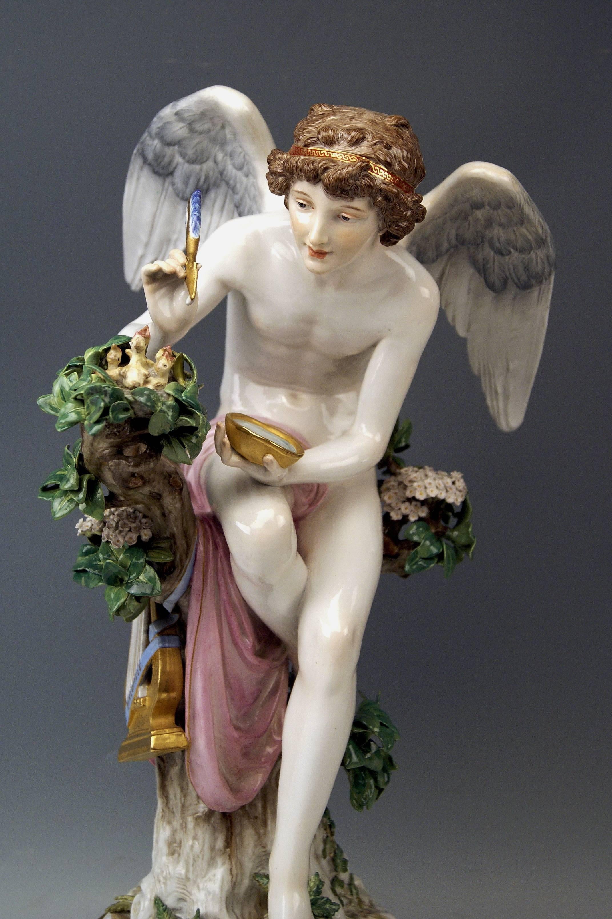 Painted Meissen Amor Feeding Nightingales by R. Hölbe, Model N 195, circa 1900