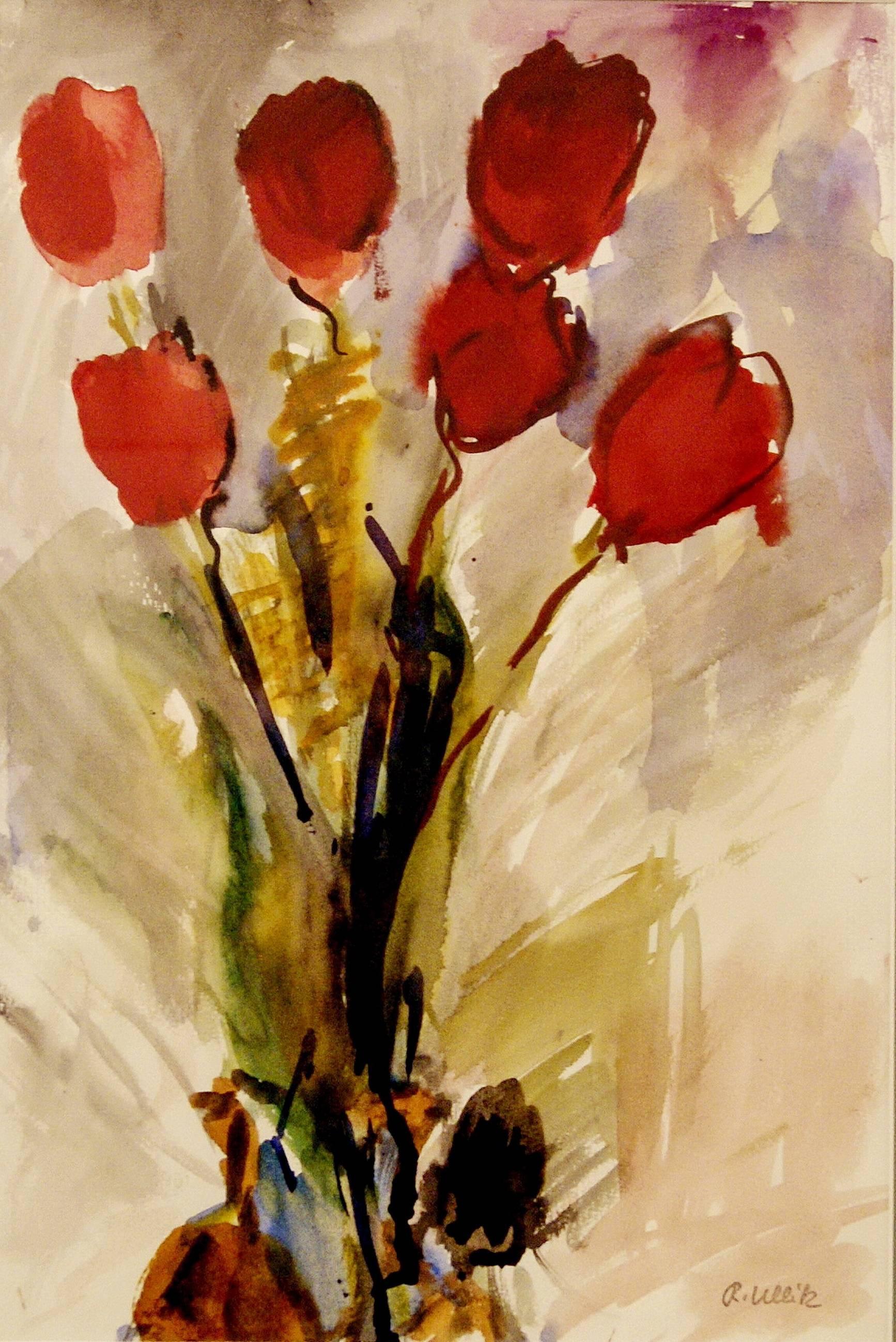 RUDOLF ULLIK (1900 - 1996)
STILL LIFE OF TULIP FLOWERS IN VASE
YEAR OF ORIGIN: 1970
WATERCOLORS
MEASURES: 54 x 64 cm   21.25 x 25.19 inches (frame included) 

CONDITION:
EXCELLENT   (there aren't any imperfections