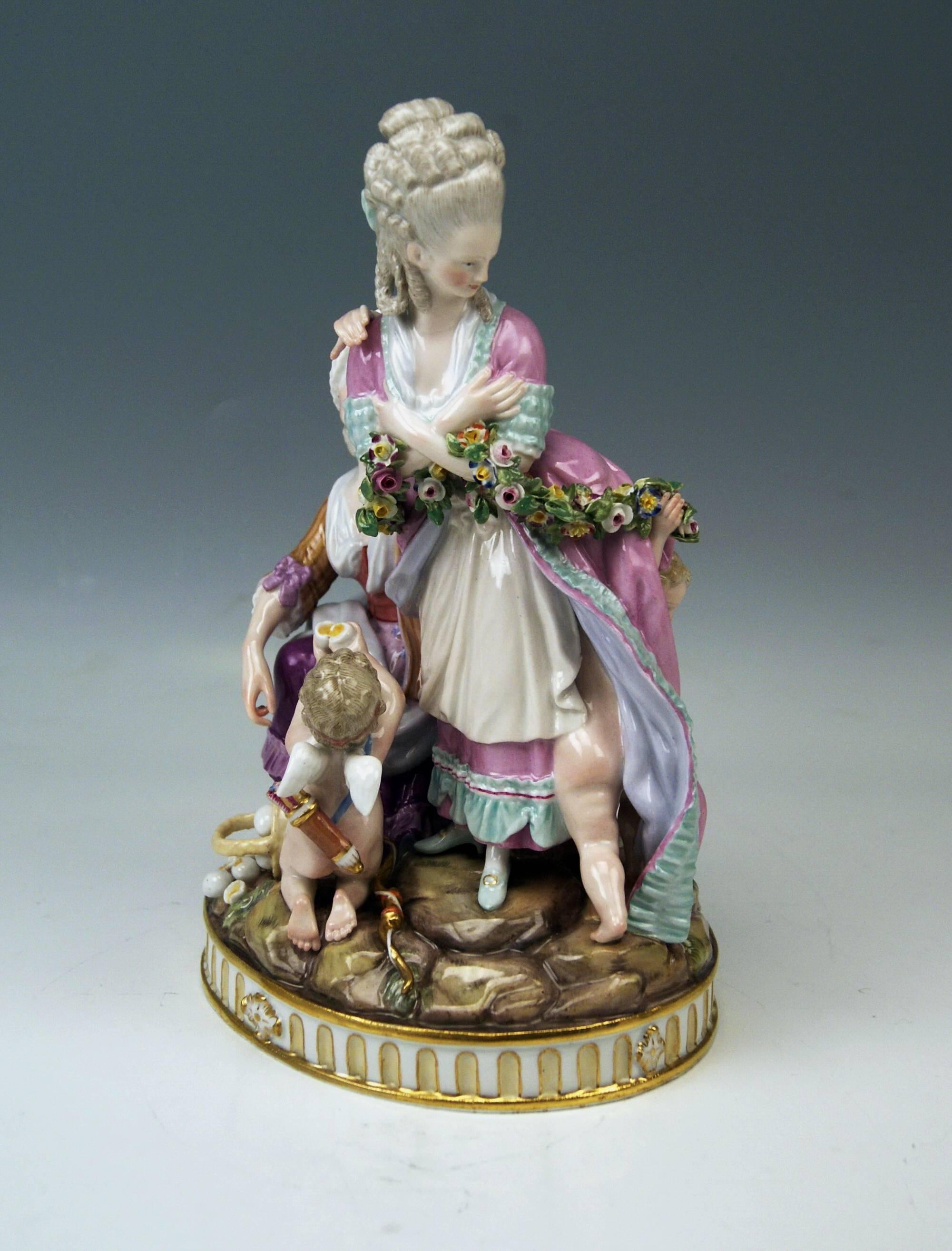 Meissen Gorgeous Group of Figurines called 'THE BROKEN EGGS' or  'THE LOST INNOCENCE' as well as 'THE PANDERER'.

MEASURES / DIMENSIONS: 
height:  24 cm    9.44 inches
diameter of base:  15.5 cm    6.10 inches

Manufactory: