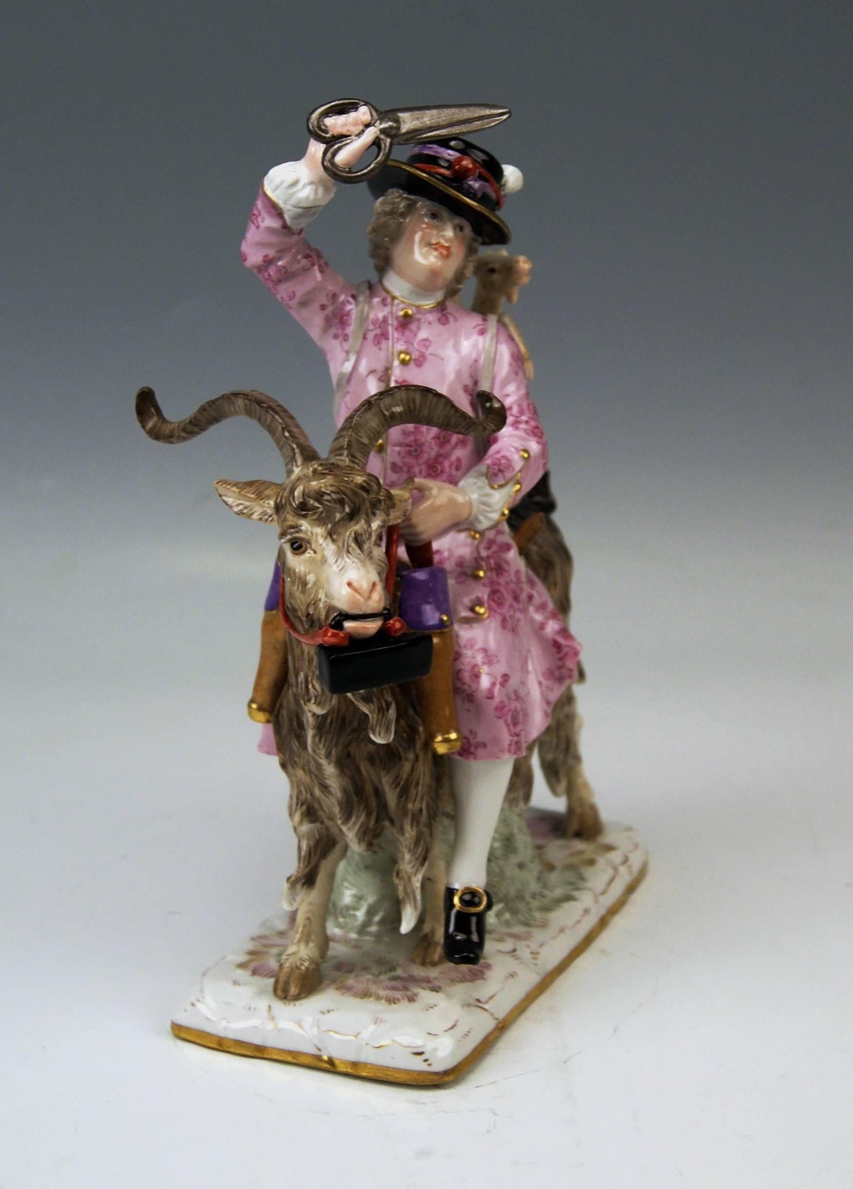 Meissen Gorgeous figurine called 'Tailor Of Count Bruehl Riding On Goat.'

Measures / dimensions:
Height: 22.5 cm ( = 8.85 inches ). 
measures of base: 14.5 x 7.5 cm ( = 5.70 x 2.95 inches ).

Manufactory: Meissen.
Hallmarked: Blue Meissen