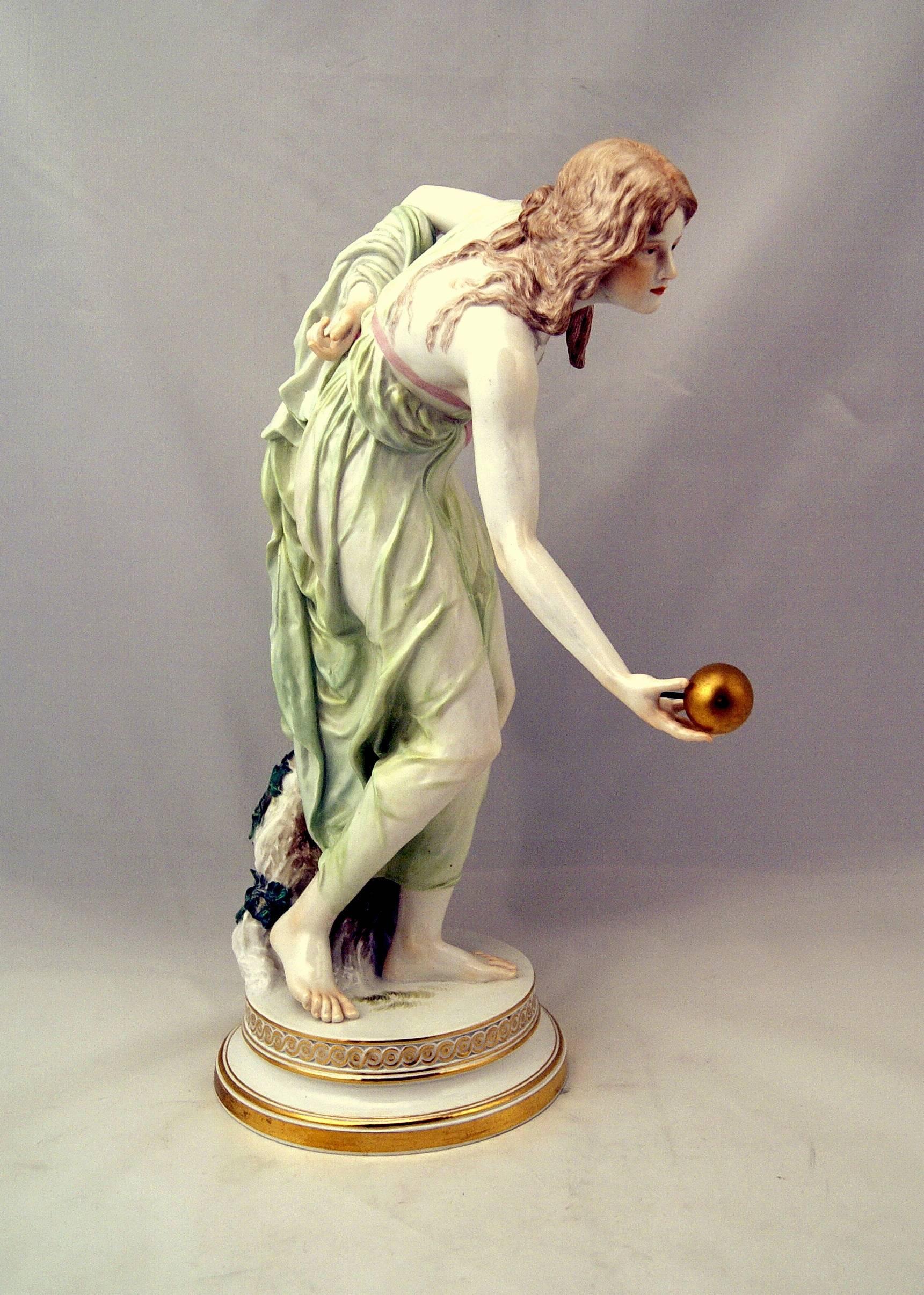 MEISSEN LOVELY GIRL PLAYING BOWLS 
GORGEOUS ART NOUVEAU PORCELAIN FIGURINE  /  CREATED BY WALTER SCHOTT IN 1898
QUITE EARLY MANUFACTURING   (MADE CIRCA 1900)  !
FIRST QUALITY

MEISSEN BLUE SWORD MARK WITH POMMELS ON HILTS  (underglazed)
MODEL