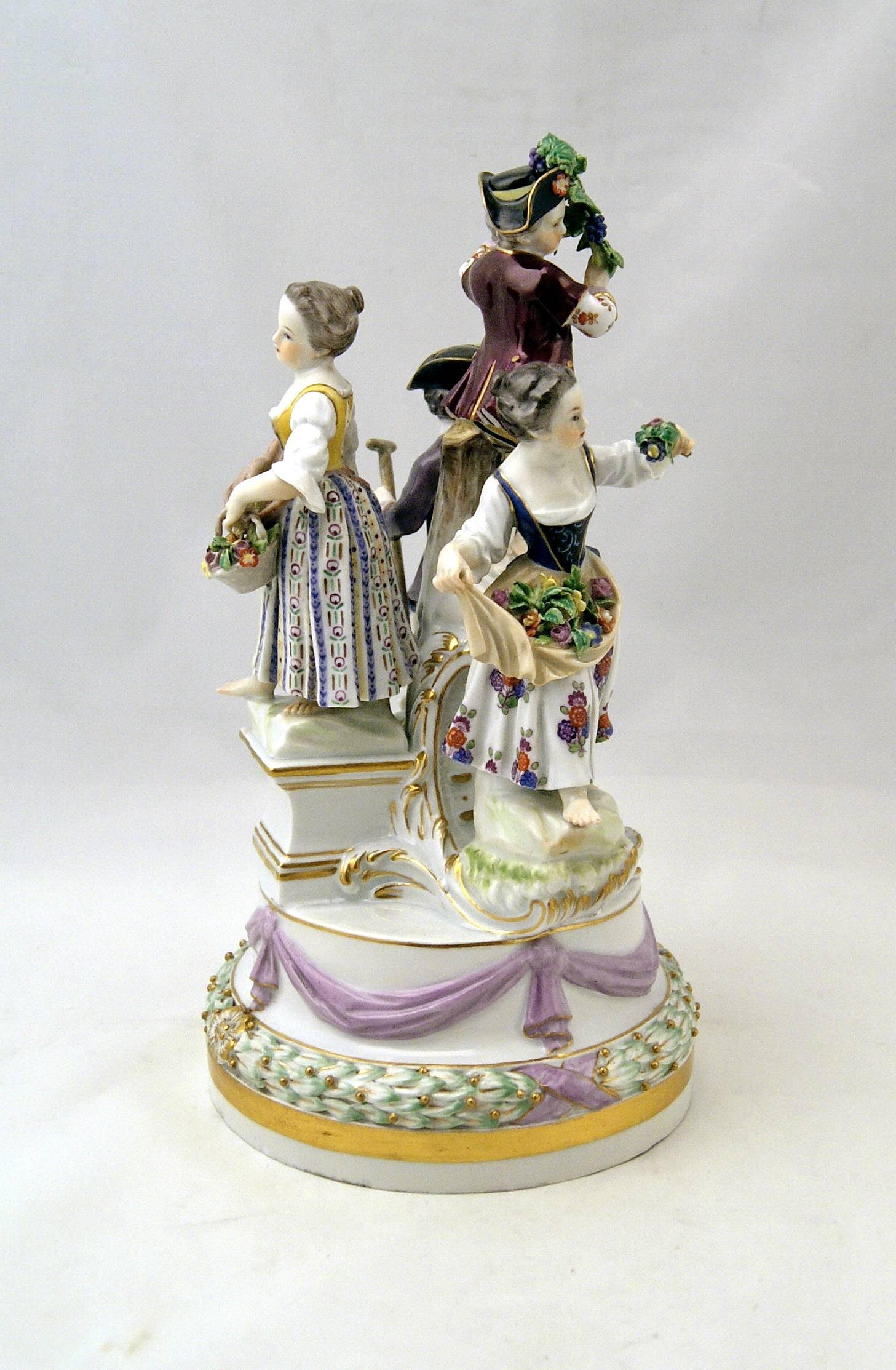 Meissen gorgeous figurine group of stunning appearance:
There are four gardener children of most lovely appearance visible. 

Manufactory: Meissen.
Dating: Third quarter of 19th century / made circa 1870.
Blue Meissen sword mark with pommels on