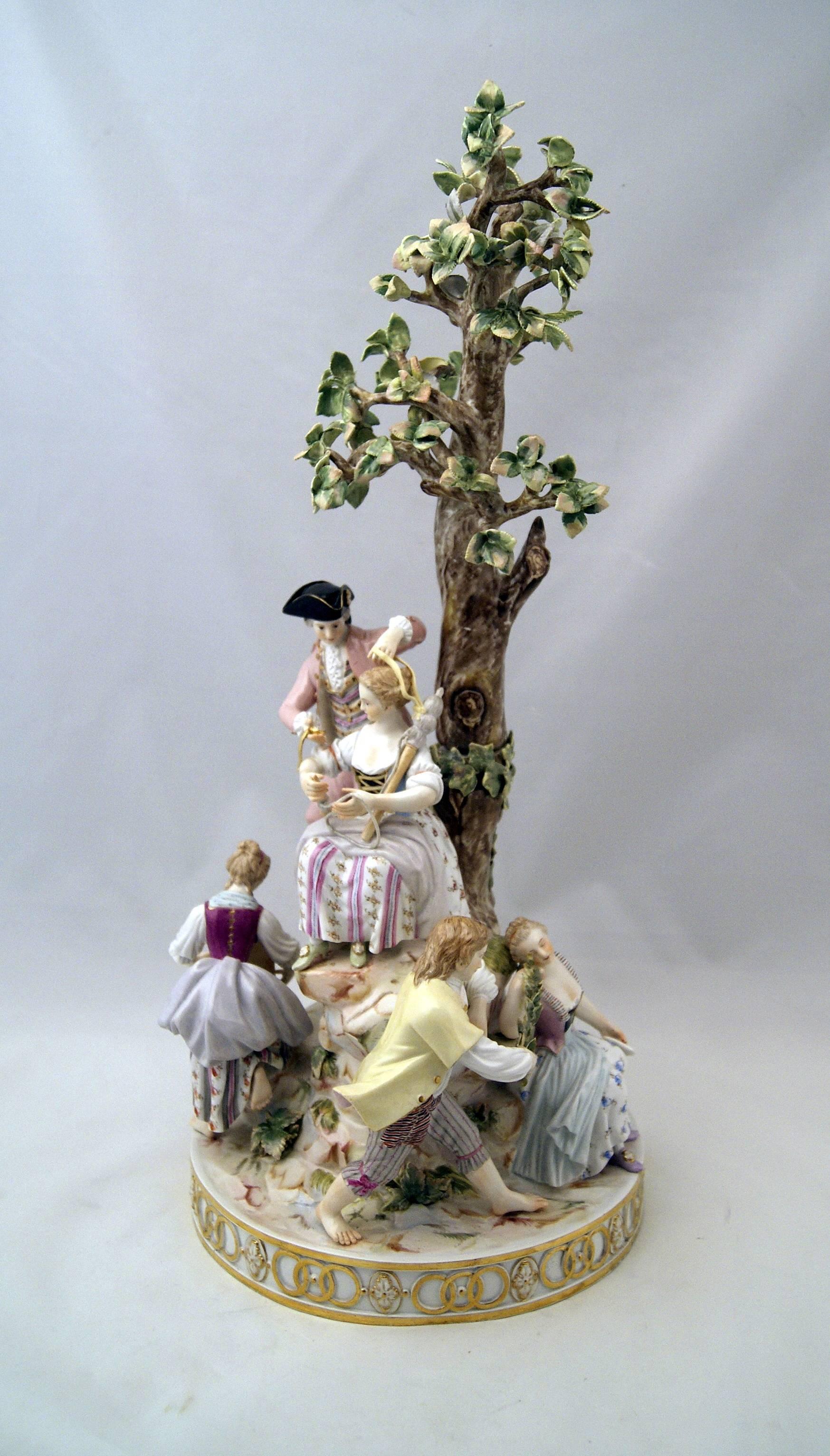 Rococo Meissen Gorgeous Figurines Group Six Gardeners, Tall Tree by Acier, circa 1870 For Sale
