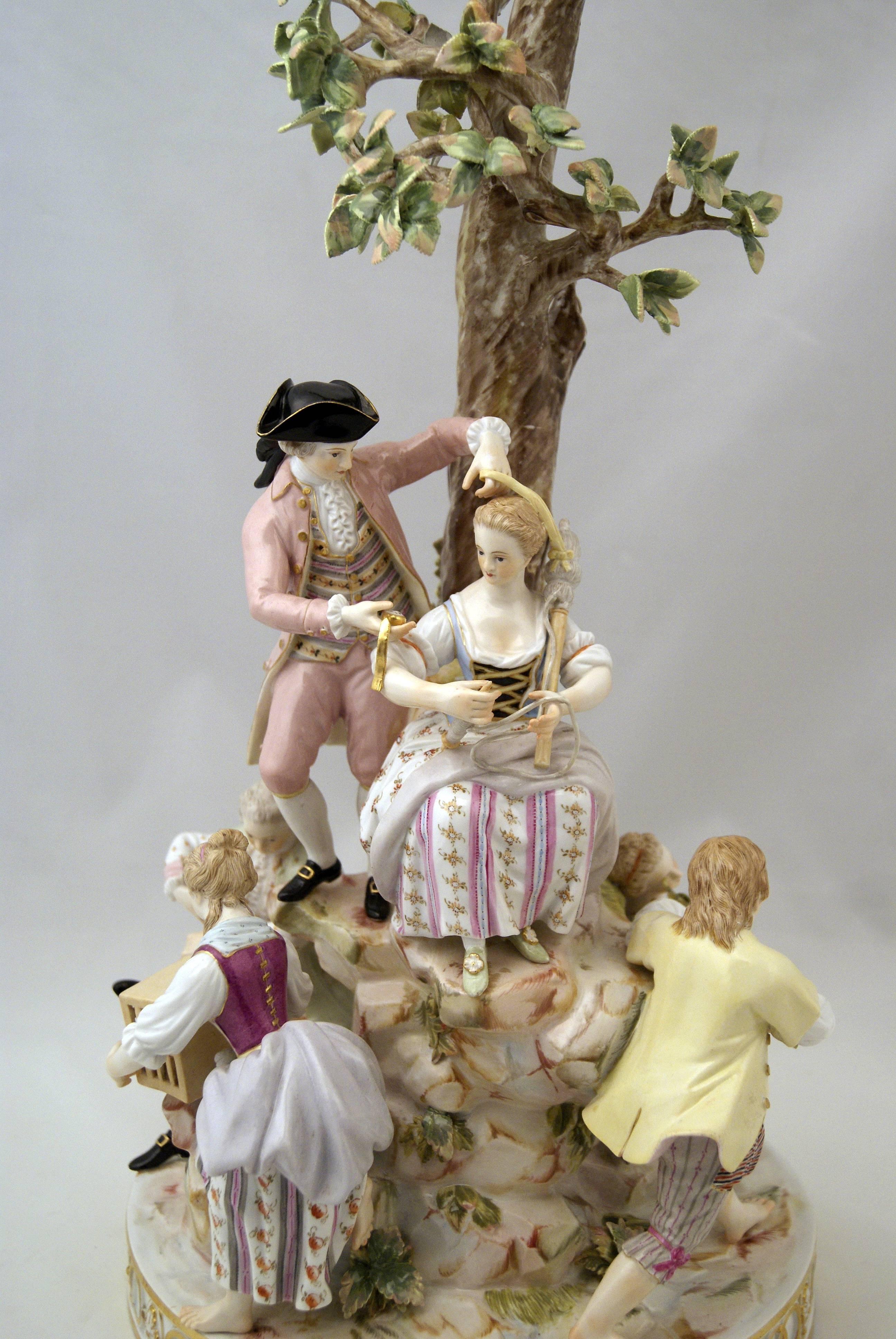 Painted Meissen Gorgeous Figurines Group Six Gardeners, Tall Tree by Acier, circa 1870 For Sale
