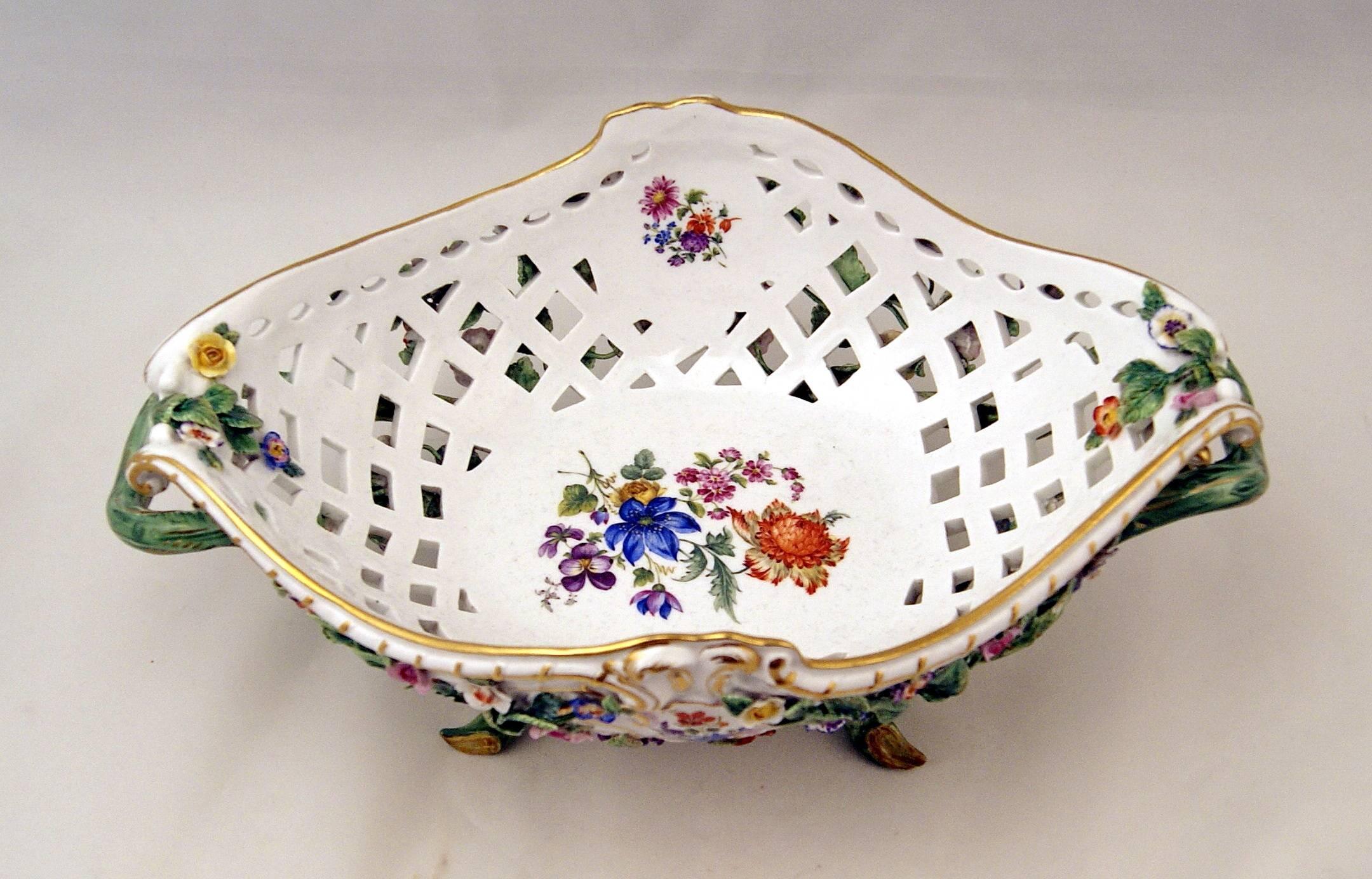 Rococo Meissen Large Oval Reticulated Basket Bowl with Flowers, circa 1850-1860