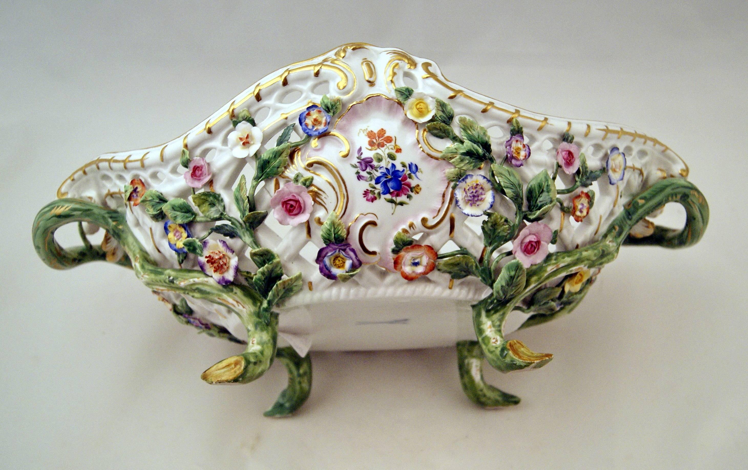 German Meissen Large Oval Reticulated Basket Bowl with Flowers, circa 1850-1860