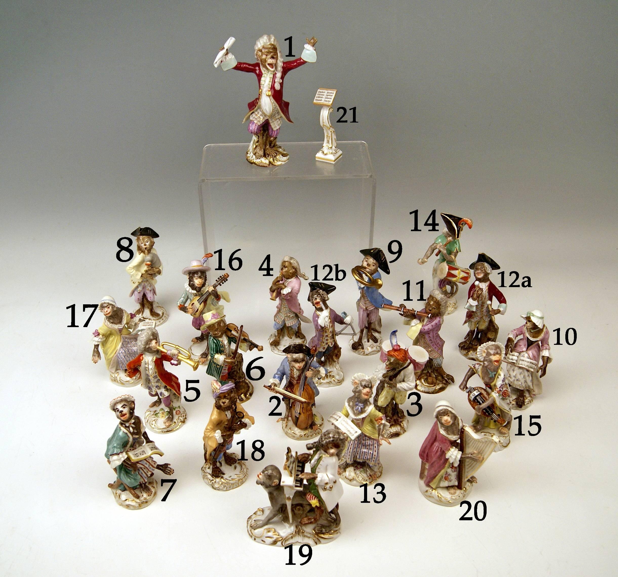 Meissen Gorgeous Group of Figurines 'Monkey Orchestra’ once created by Johann Joachim Kaendler (1706-1775): 21 figurines and conductors stand. 

measures / dimensions: 
average height of figurines: circa 12.5 - 13.0 cm  /  4.72 - 5.11 inches