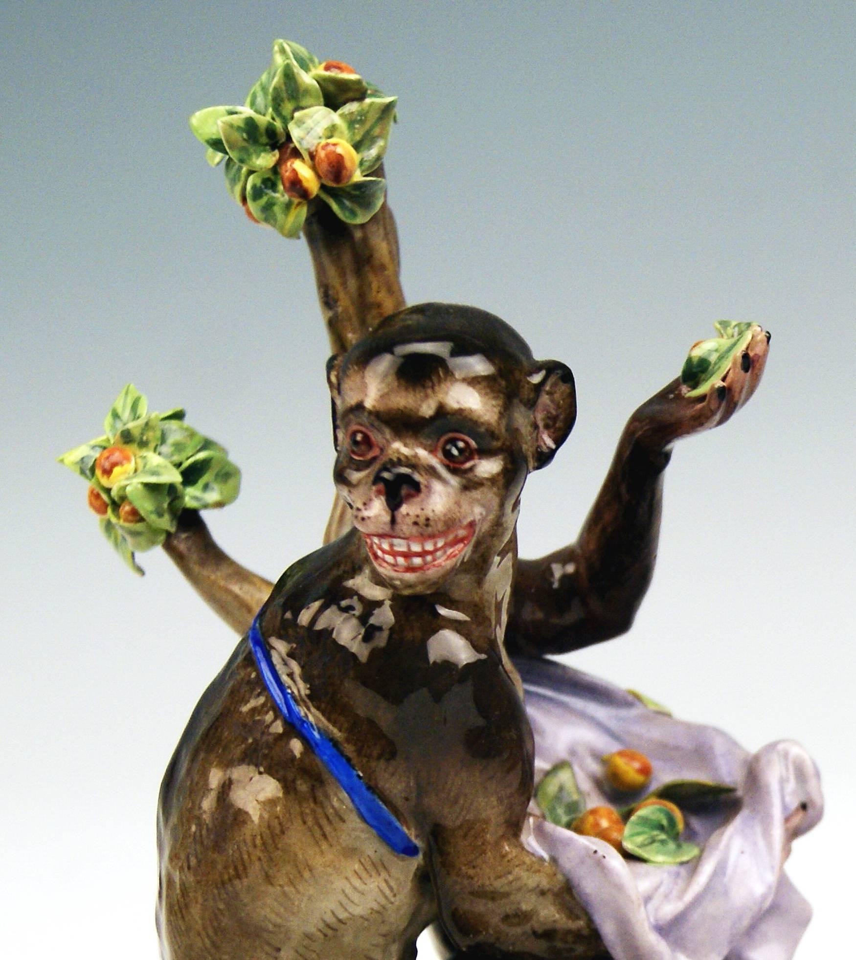 Rococo Pair Meissen Nicest Monkey Figurines by Kaendler Models 1464 and 1469, circa 1850