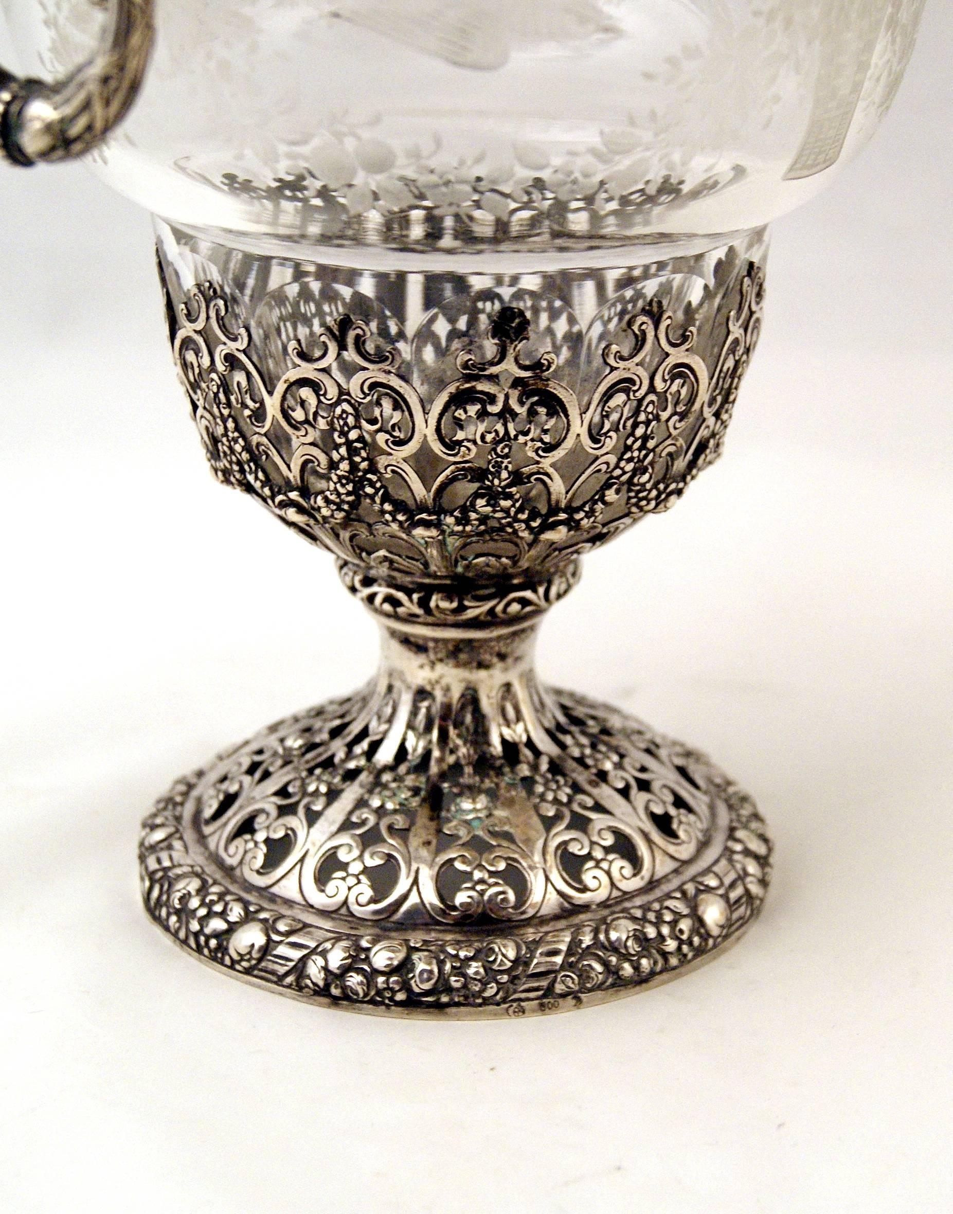 Etched German Lidded Glass Goblet Silver Mountings Schleissner Hanau, circle 1880-90