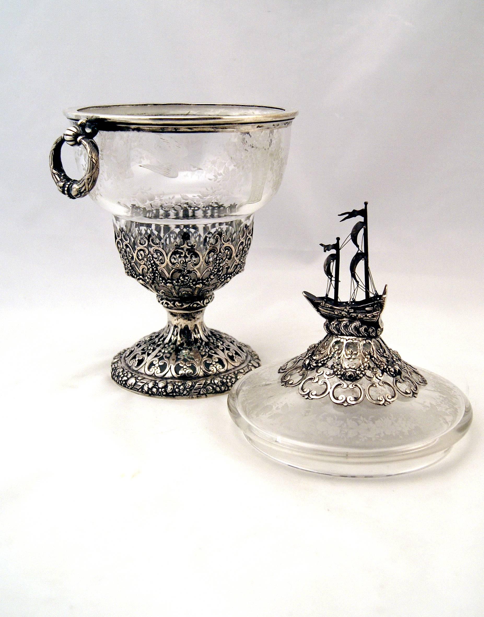German Lidded Glass Goblet Silver Mountings Schleissner Hanau, circle 1880-90 In Excellent Condition In Vienna, AT